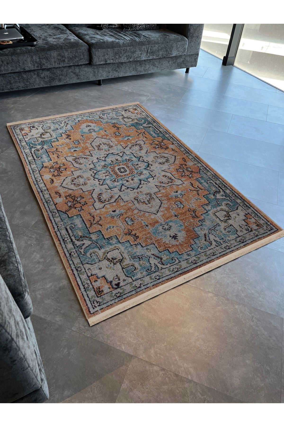 Mavi Turuncu Temalı Geleneksel Motif Desenli Kreatif Vintage Dekoratif Halı 2953