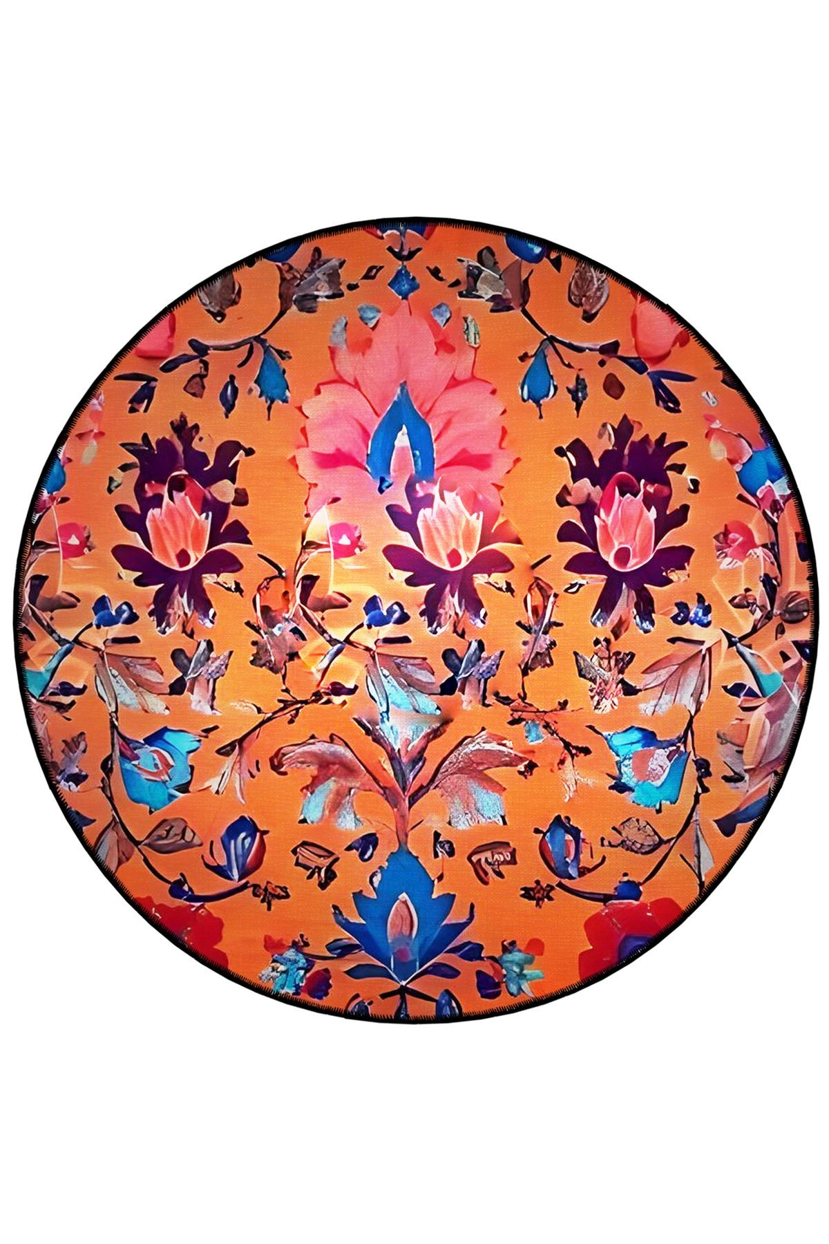 Mira Yuvarlak Turuncu Çok Renkli Desenli Çiçek Detaylı Dokuma Taban Modern Dekoratif Halı 5715