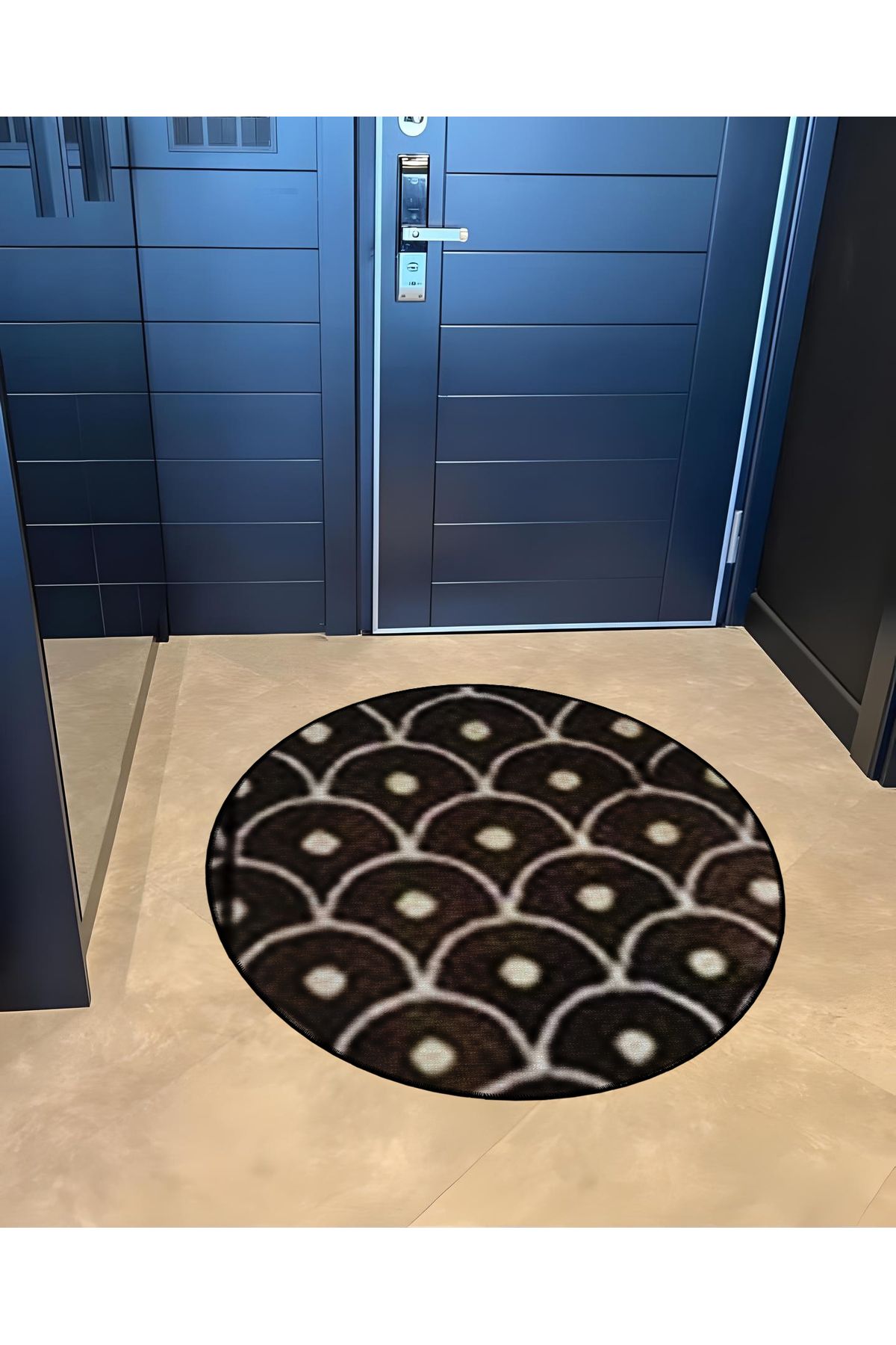 Koyu Kahve Tema Geometrik Desenli Yuvarlak Dokuma Taban Modern Dekoratif Halı 6038