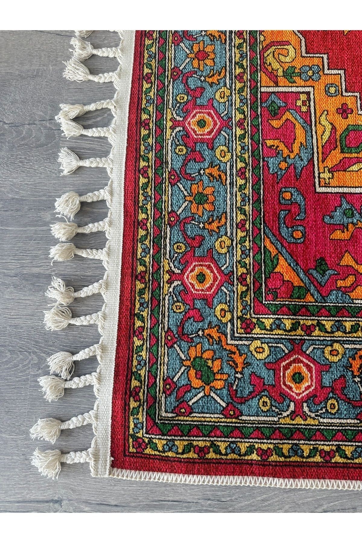 Opal Kırmızı Antik Desenli Püskül Detaylı Dokuma Taban Modern Dekoratif Halı opal09
