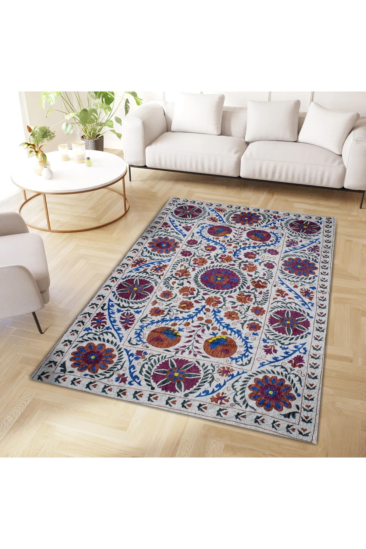 Mete Koleksiyonu Çok Renkli Karma Şekiller ve Çiçek Motifleri Desenli Vintage Dekoratif Halı 29