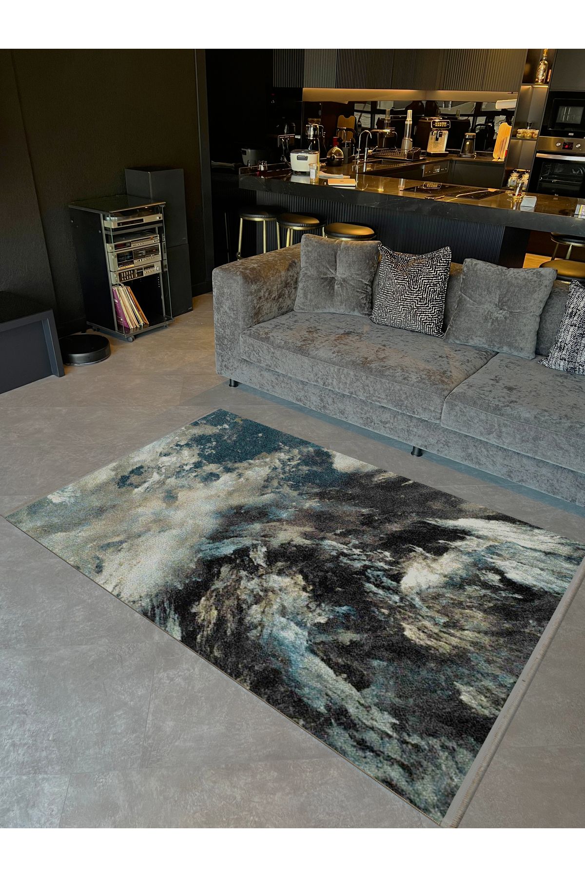 Güney Koleksiyonu Siyah Mavi Temalı Soyut Gökyüzü ve Bulutlar Desenli Modern Dekoratif Halı 20