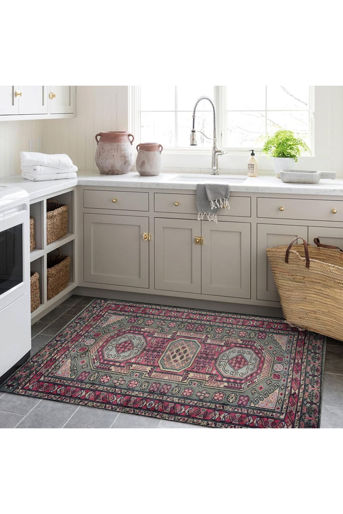 Asena Koleksiyonu Yeşil ve Pembe Temalı Geleneksel Motif Desenli Vintage Dekoratif Halı 02