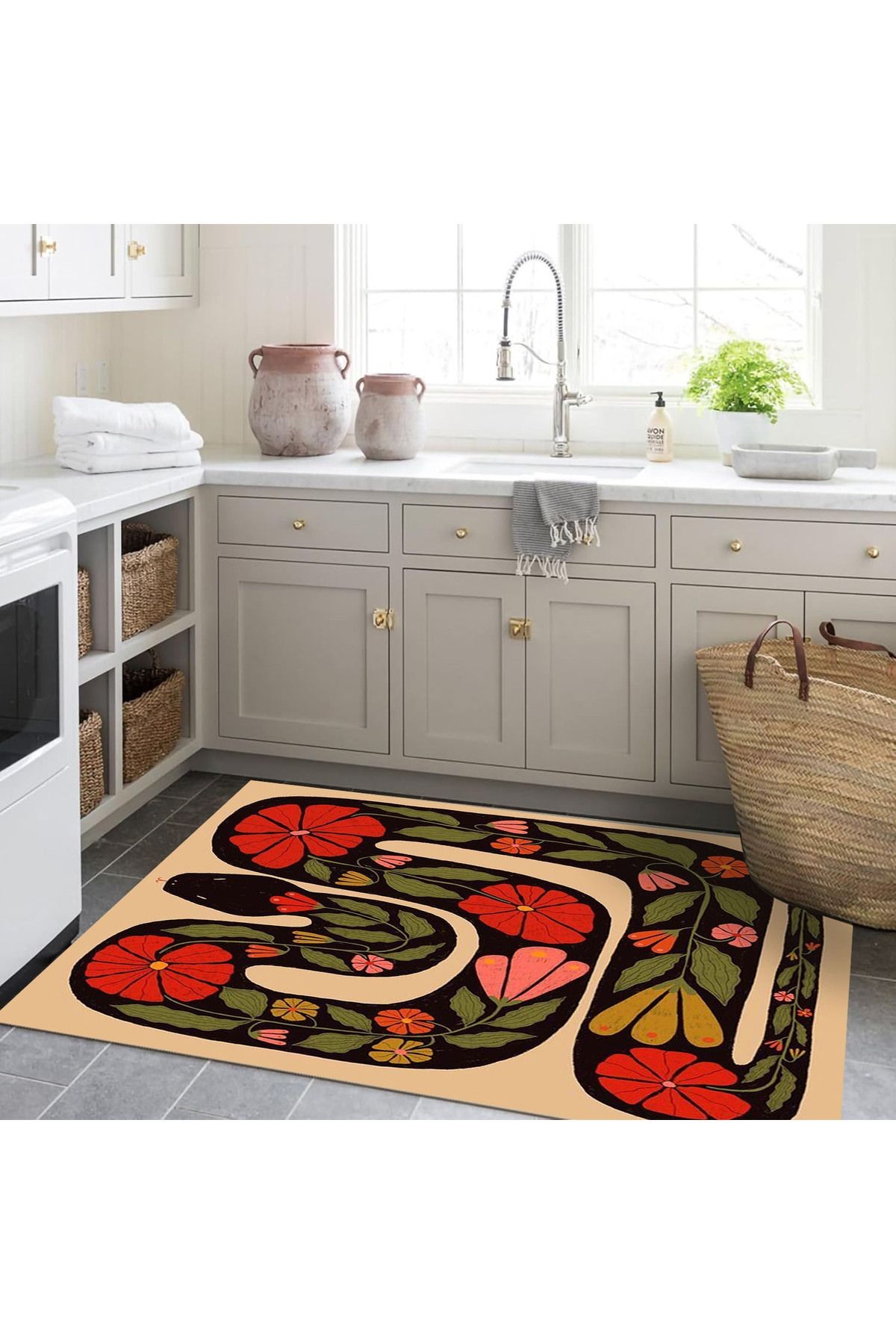 Kemal Koleksiyonu Bej Temalı Floral Detay Yılan Desenli Dokuma Taban Modern Dekoratif Halı 37