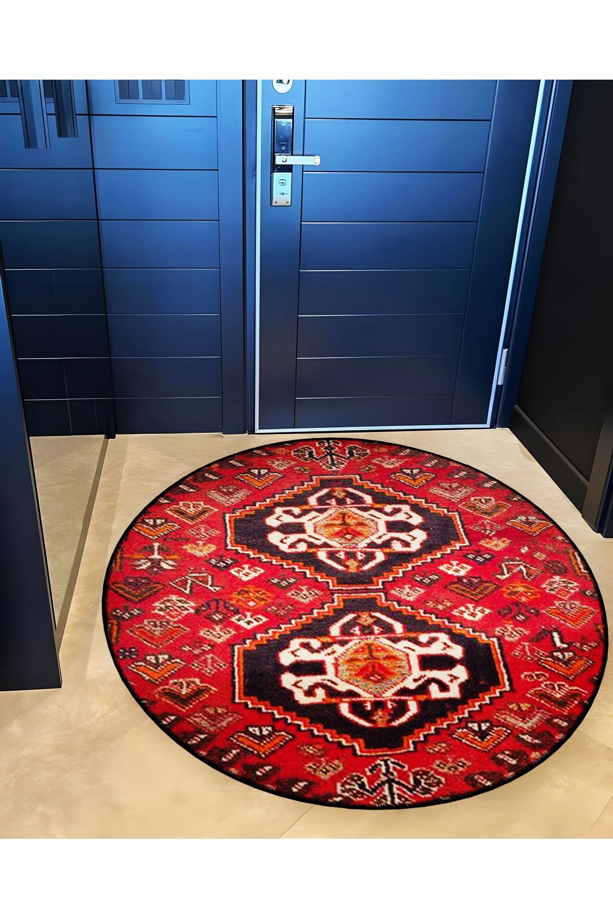 Kırmızı Temalı Geleneksel Motif Desenli Yuvarlak Dokuma Taban Vintage Dekoratif Halı 6220