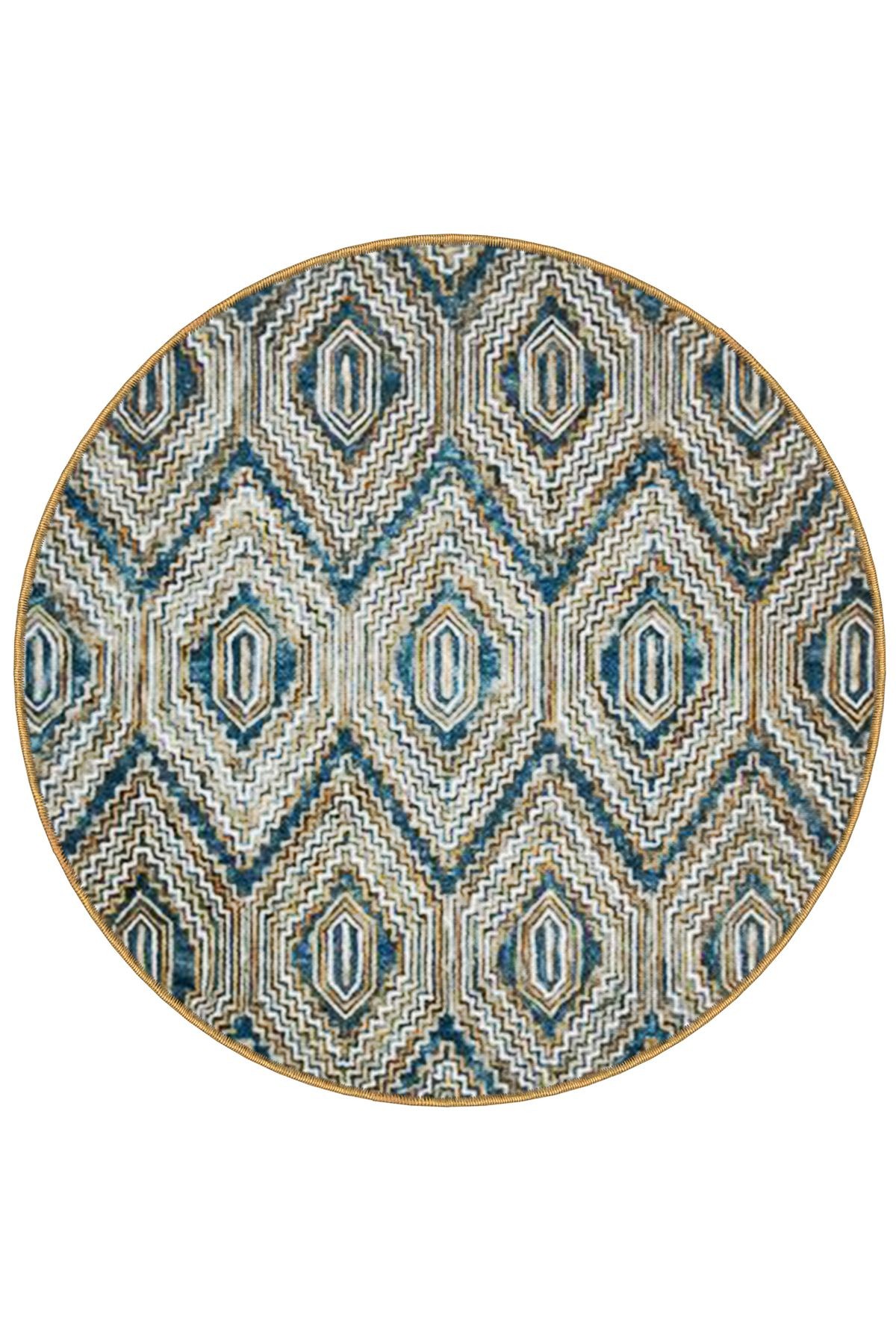 Gri Mavi Ton Geometrik Desenli Yuvarlak Dokuma Taban Modern Dekoratif Halı 6091