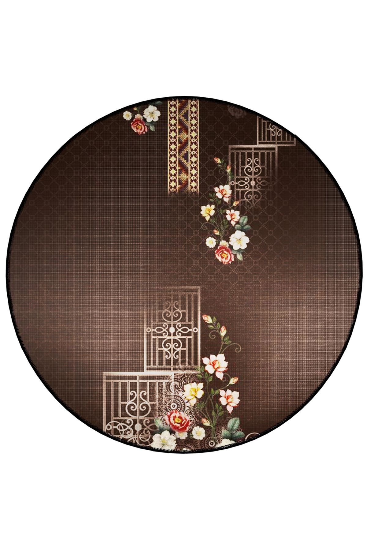 Kahverengi Temalı Geometrik Motifli Çiçek Desenli Yuvarlak Dokuma Taban Vintage Dekoratif Halı 6199
