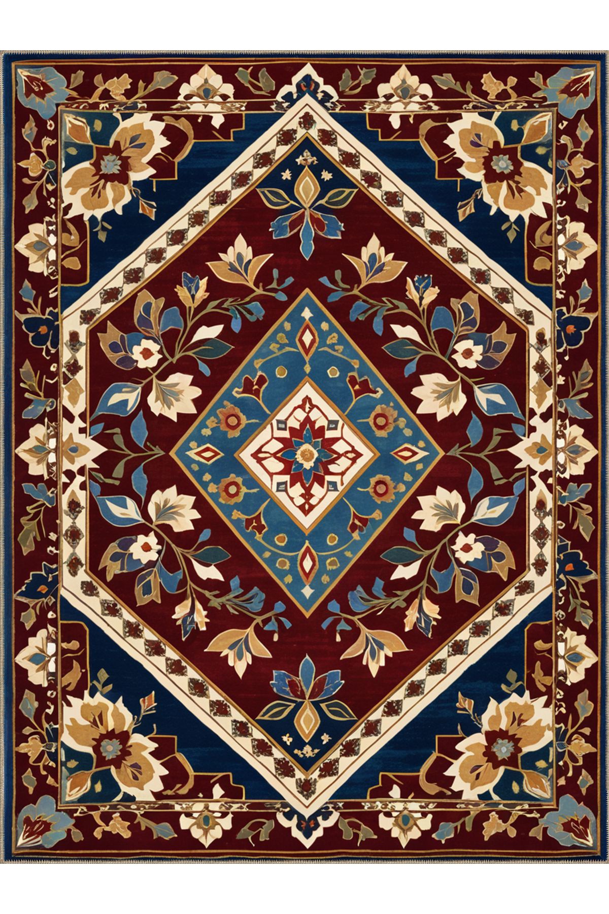 Semih Koleksiyonu Bordo Tema Çiçek Motifli Geleneksel Desenli Dokuma Taban Vintage Dekoratif Halı 22