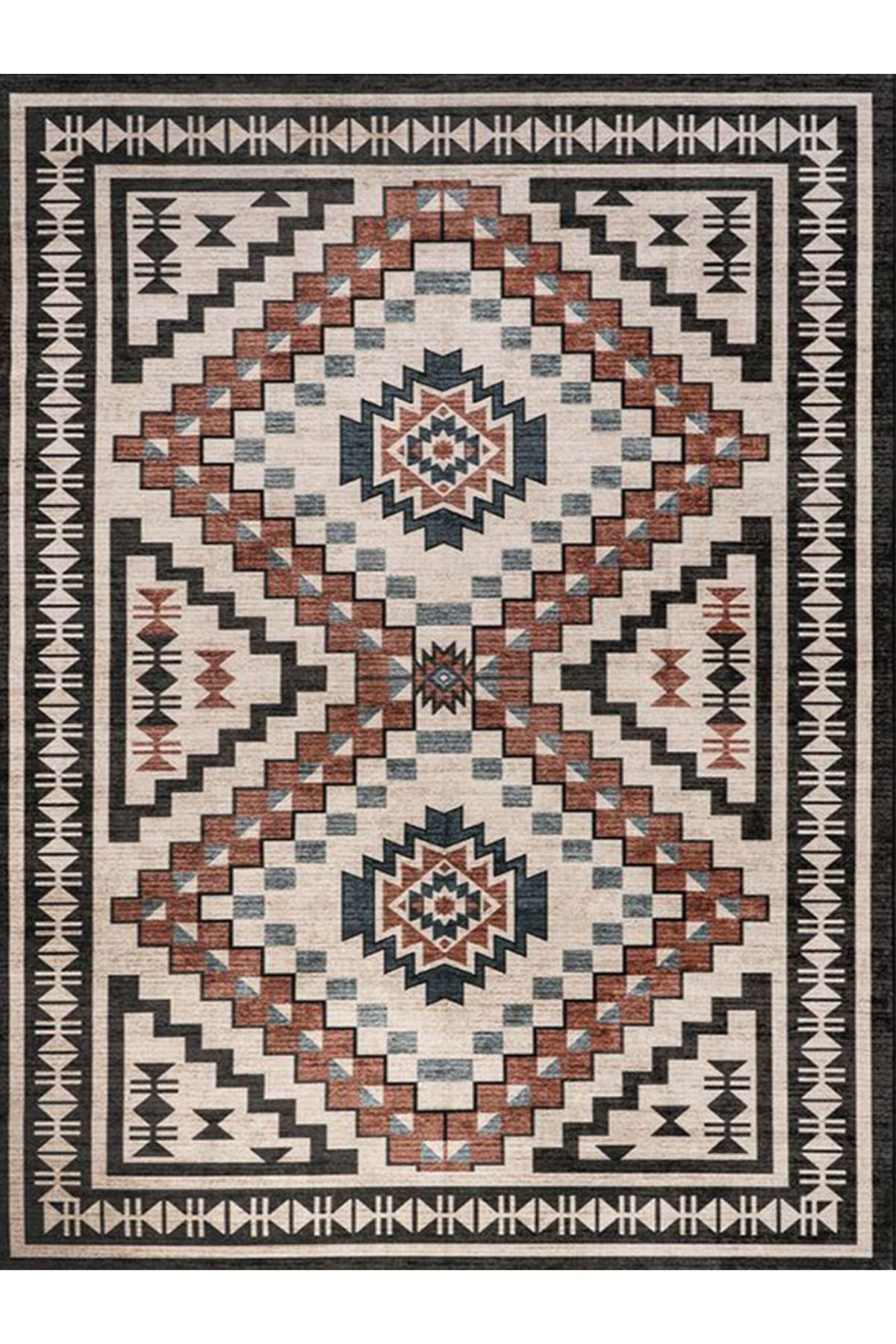 Alya Koleksiyonu Siyah Desenli Çerçeve Detaylı Etnik Dokuma Taban Modern Dekoratif Halı alya31