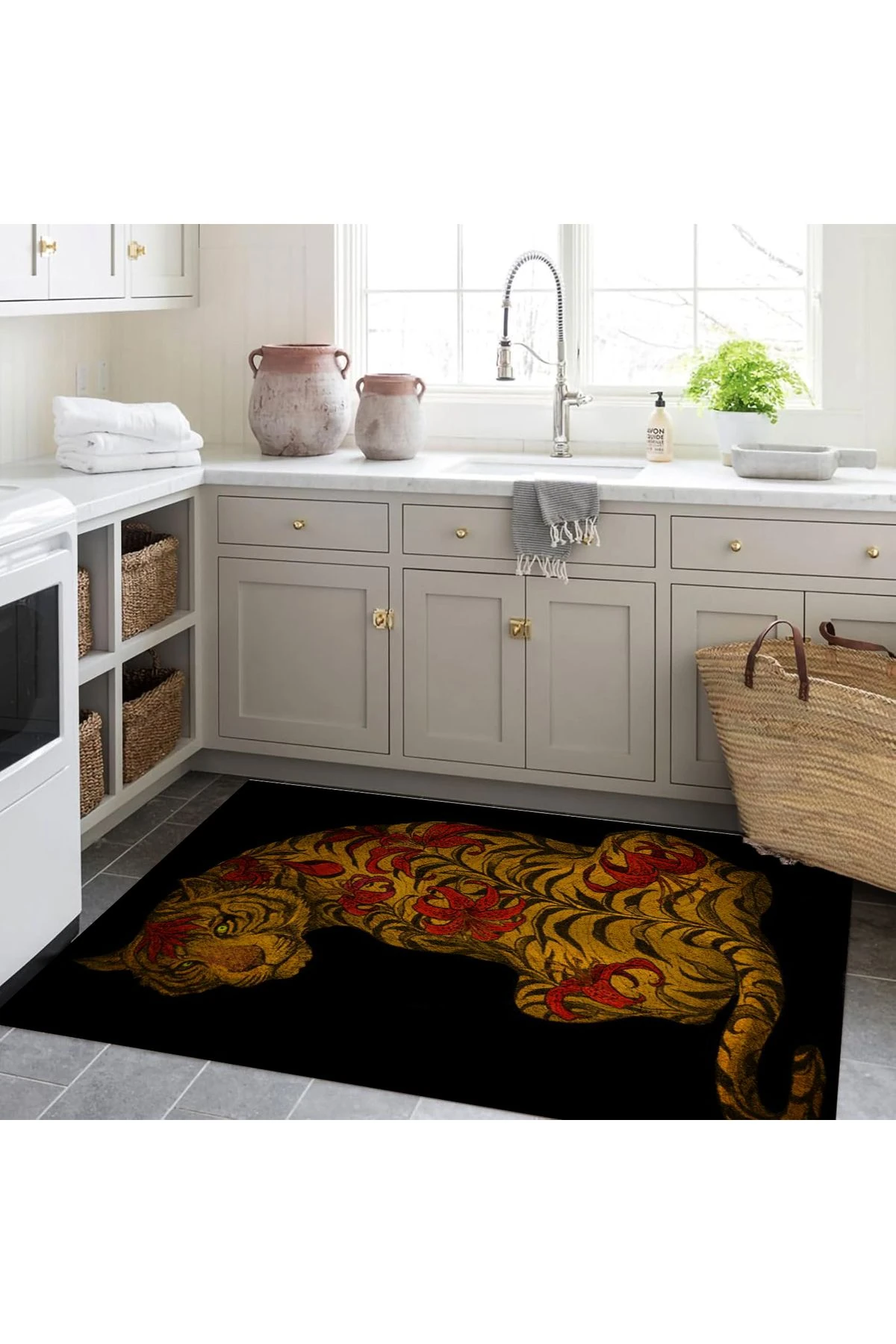 Kuzey Koleksiyonu Kırmızı Çiçek Detaylı Kaplan Desenli Dokuma Taban Dekoratif Halı kuzey18