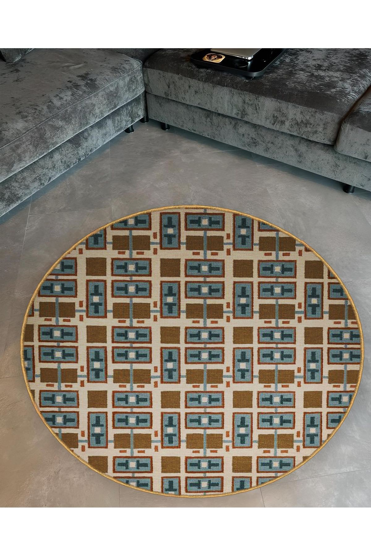 Çok Renkli Ekoseli Desenli Yuvarlak Dokuma Taban Modern Dekoratif Halı 6137