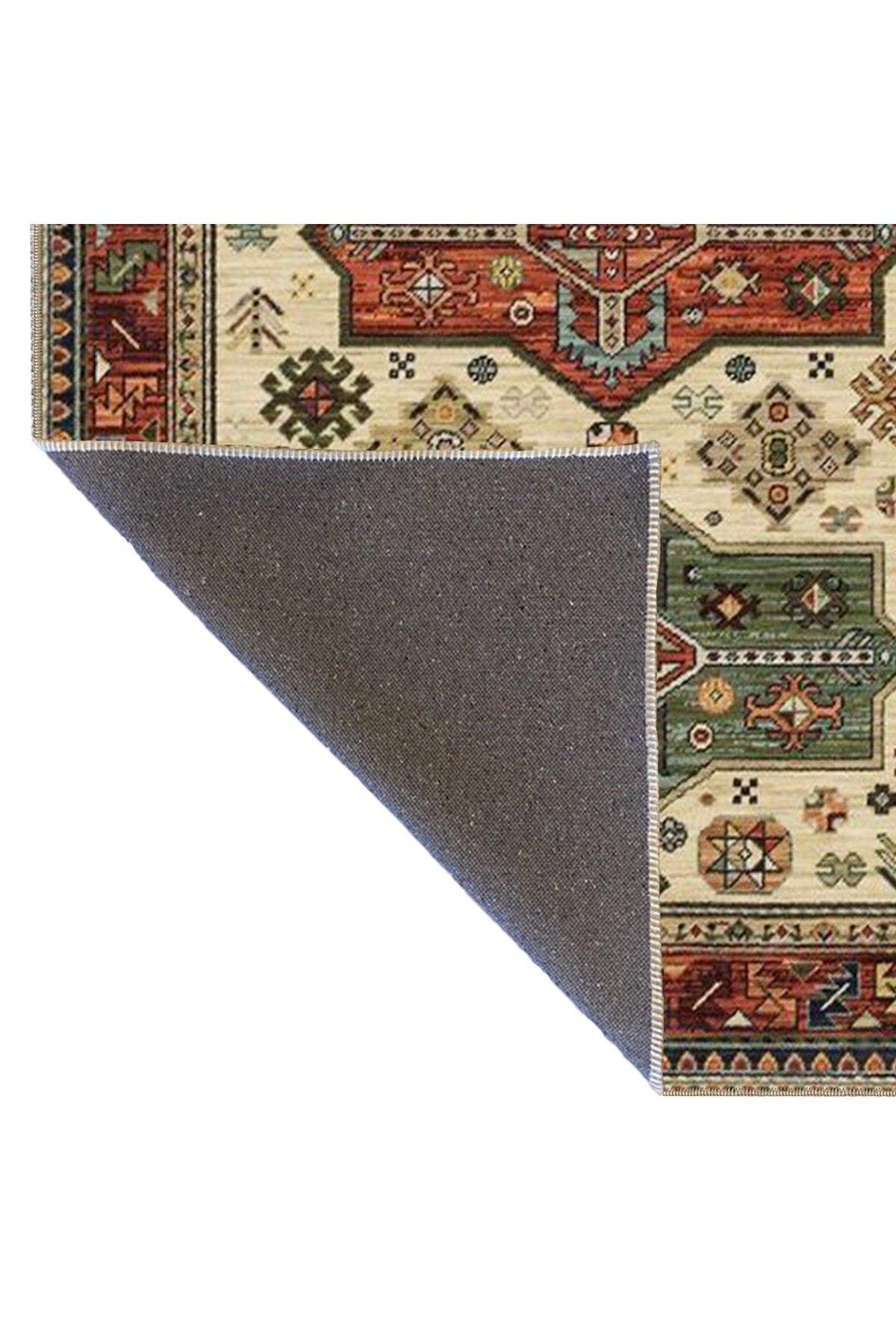 Yeşil Turuncu Temalı Geleneksel Motif Desenli Vintage Dekoratif Halı 4512