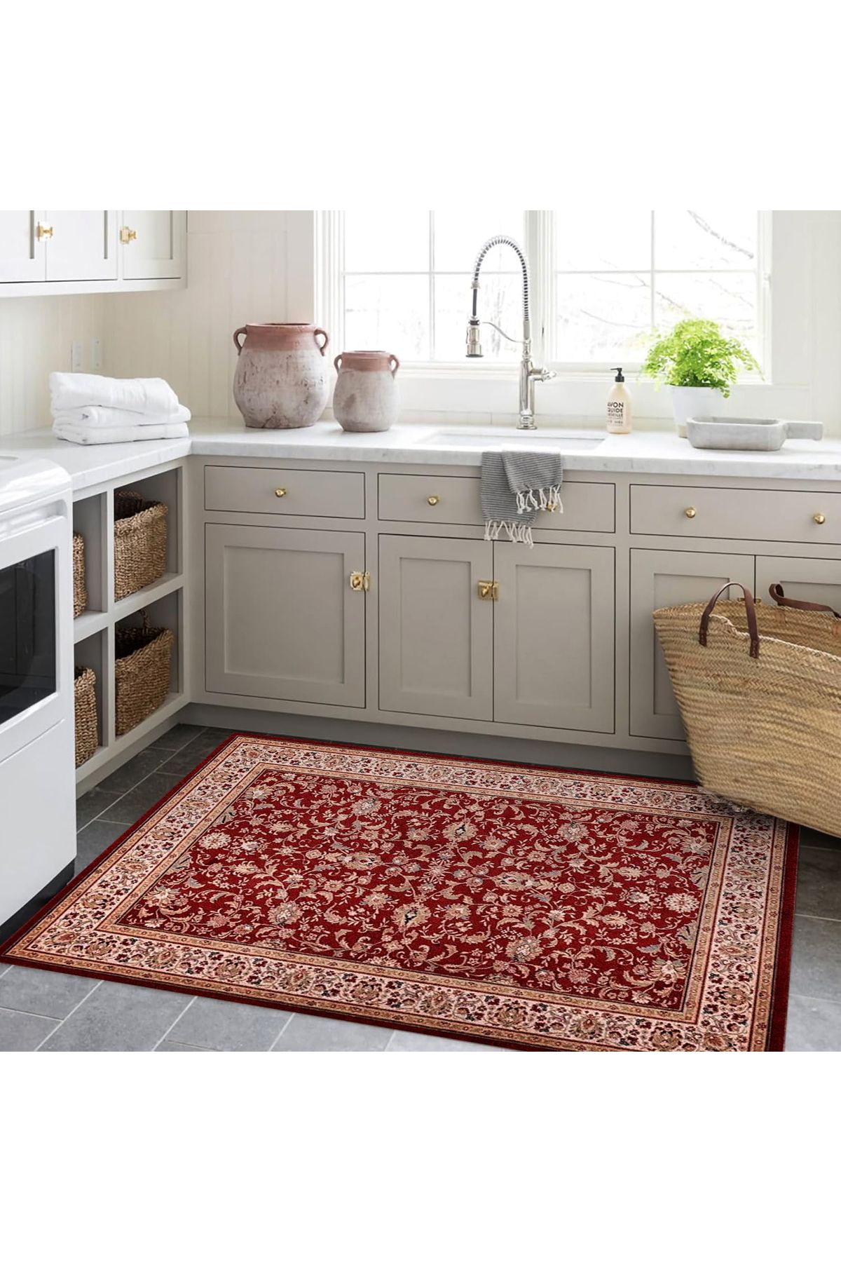 Kuzey Koleksiyonu Bej Bordür Detaylı Bordo Etnik Desenli Dokuma Taban Dekoratif Halı kuzey35