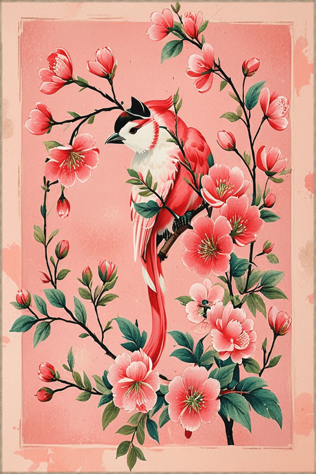 Paris Koleksiyonu Pembe Temalı Sarmaşık Çiçek ve Kuş Desenli Modern Dekoratif Halı 71