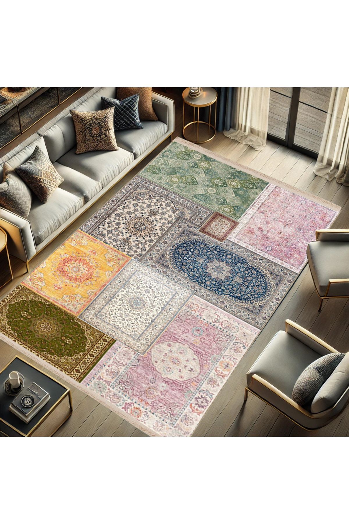 Kuvars Koleksiyonu Soft Renkli Vintage Motifler Desenli Dokuma Taban Etnik Dekoratif Halı kuvars24