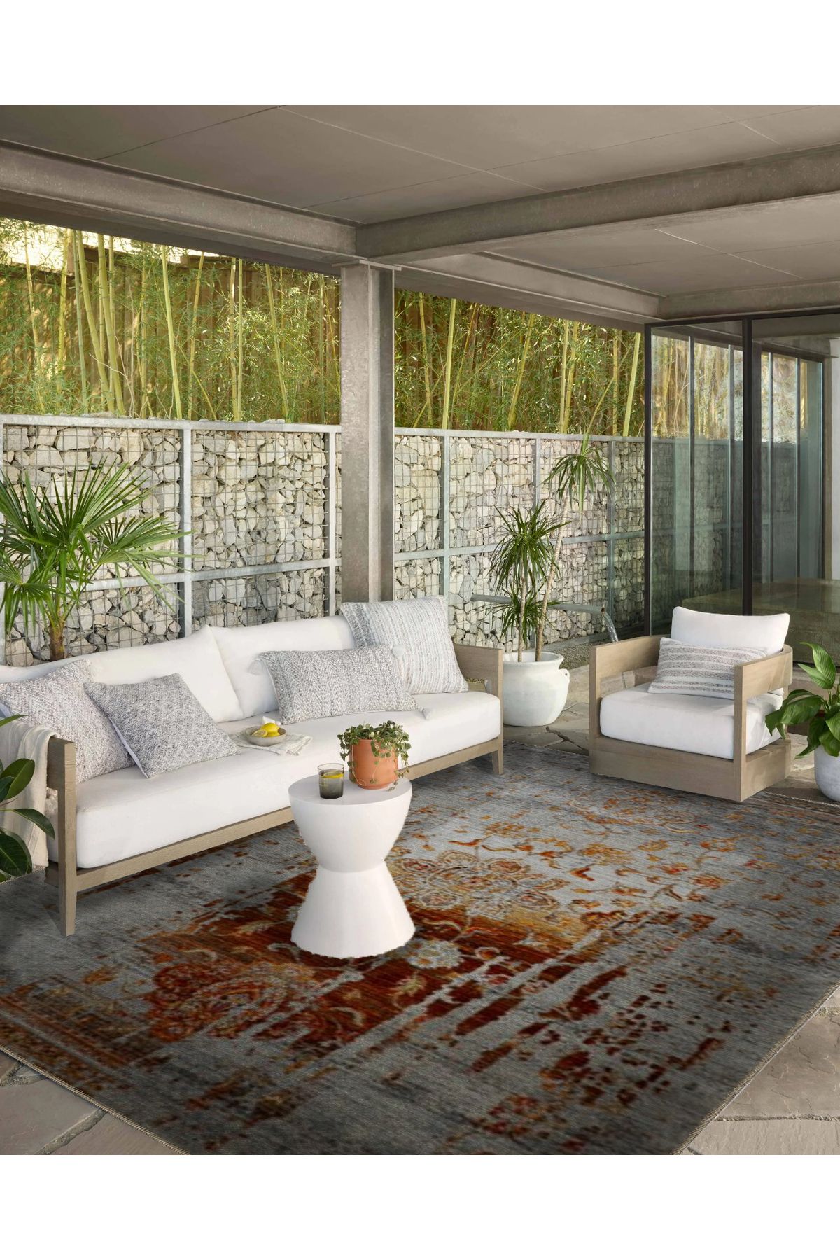 Gri Turuncu Temalı Soyut Geleneksel Motif Desenli Vintage Dekoratif Halı 5176