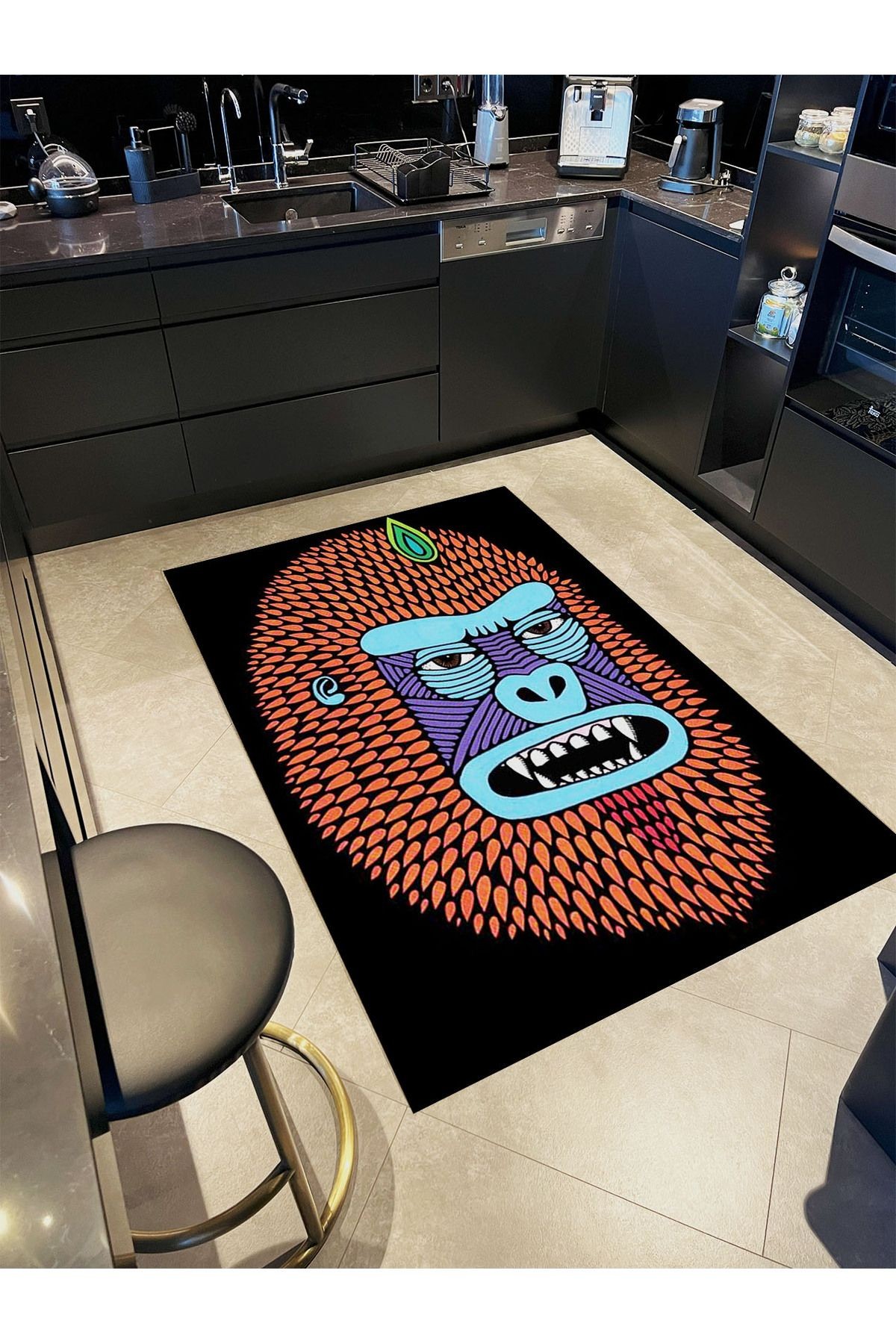 Ebru Koleksiyonu Siyah Temalı Renkli Goril Yüzü Desenli Dokuma Taban Modern Dekoratif Halı ebru12
