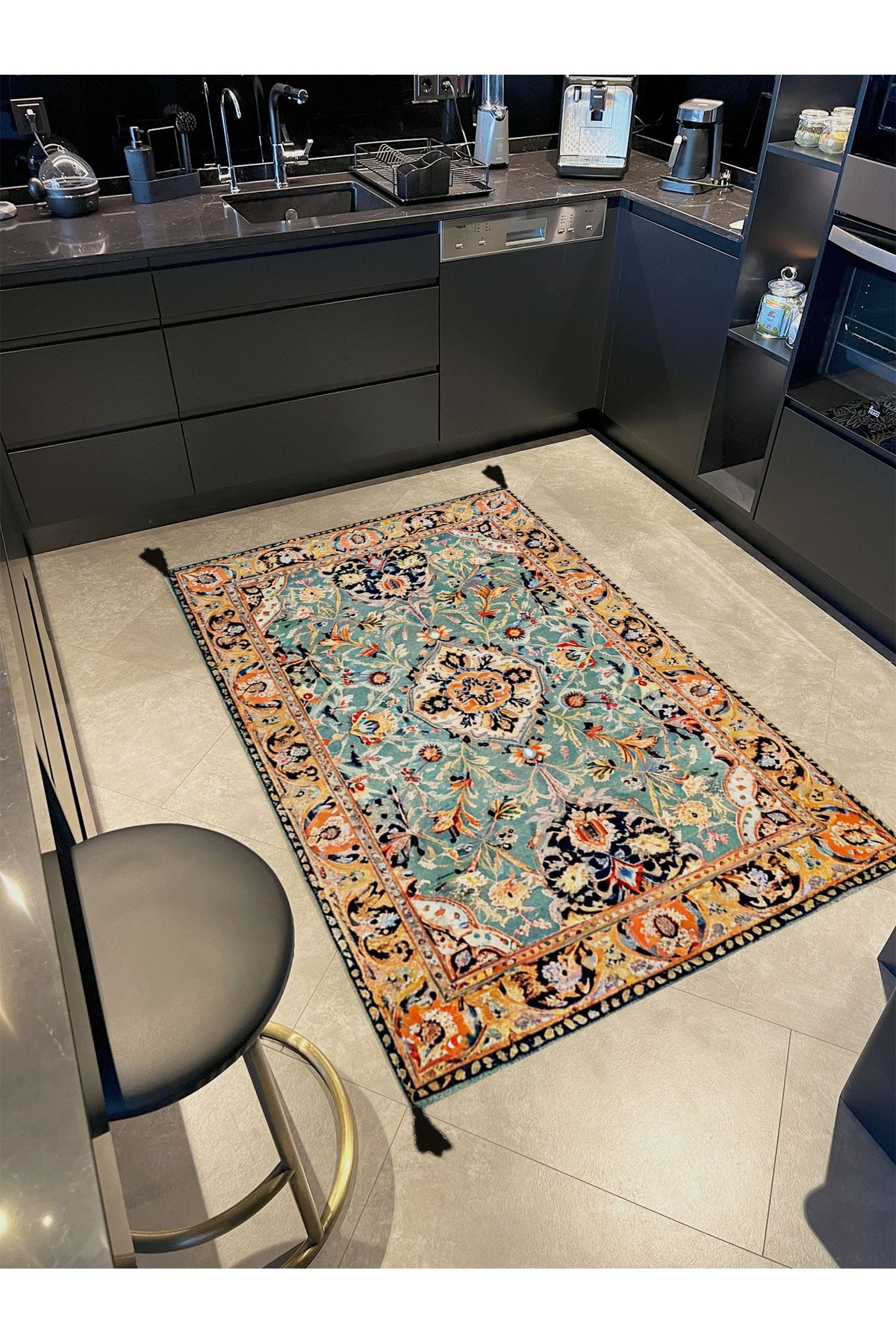 Tokyo Koleksiyonu Turkuaz Ton Etnik Motifli ve Floral Desenli Dokuma Taban Vintage Dekoratif Halı 14