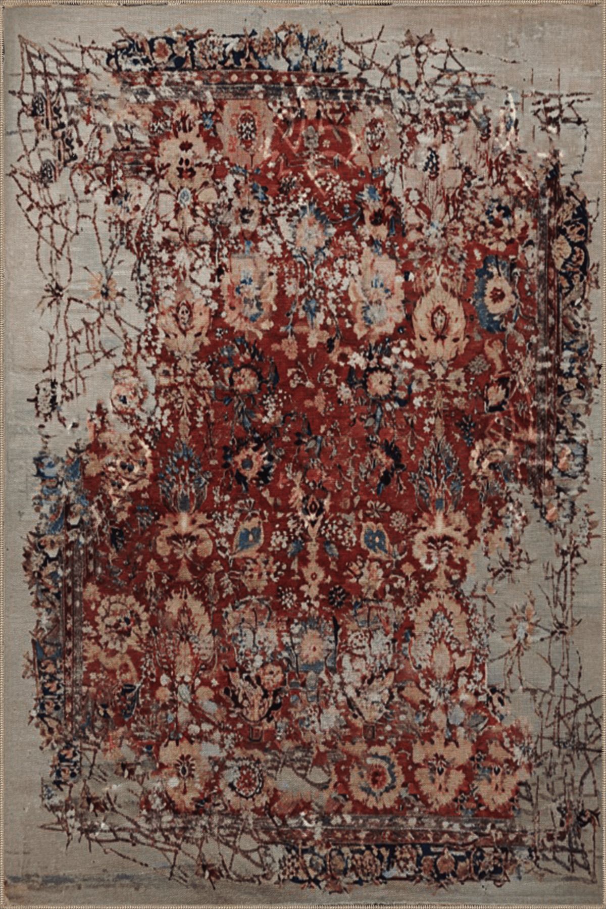 Bordo Bej Temalı Soyut Geleneksel Motif Desenli Vintage Dekoratif Halı 5125