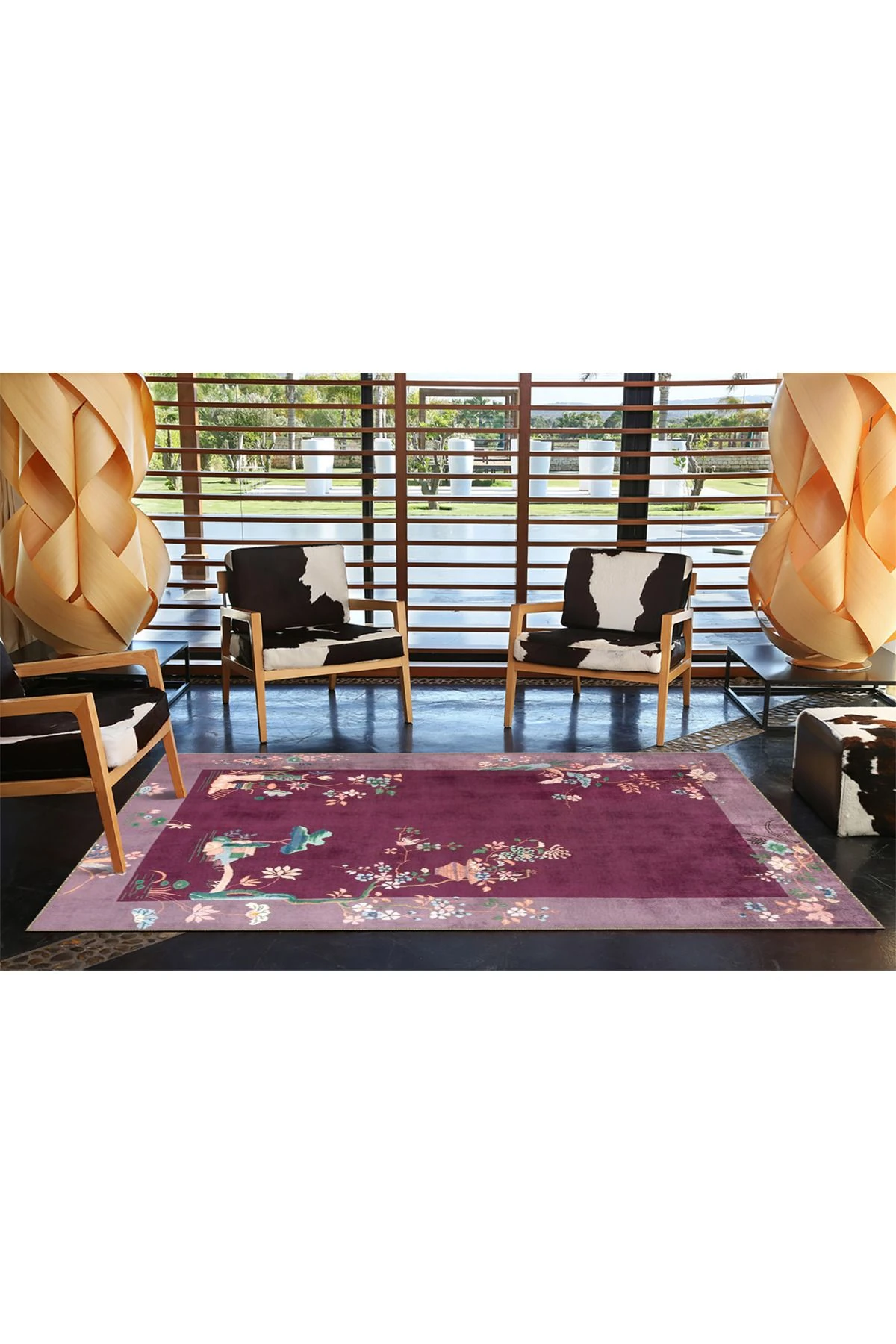 Lacivert Sarmaşık Çiçekli Modern Desenli Dokuma Taban ve Dekoratif Yıkanabilir Halı miravip8572