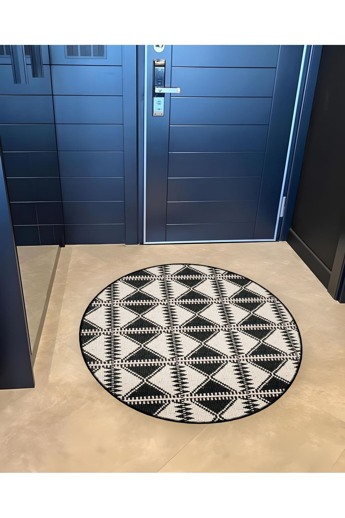 Siyah Bej Temalı Geometrik Desenli Yuvarlak Dokuma Taban Modern Dekoratif Halı 6093