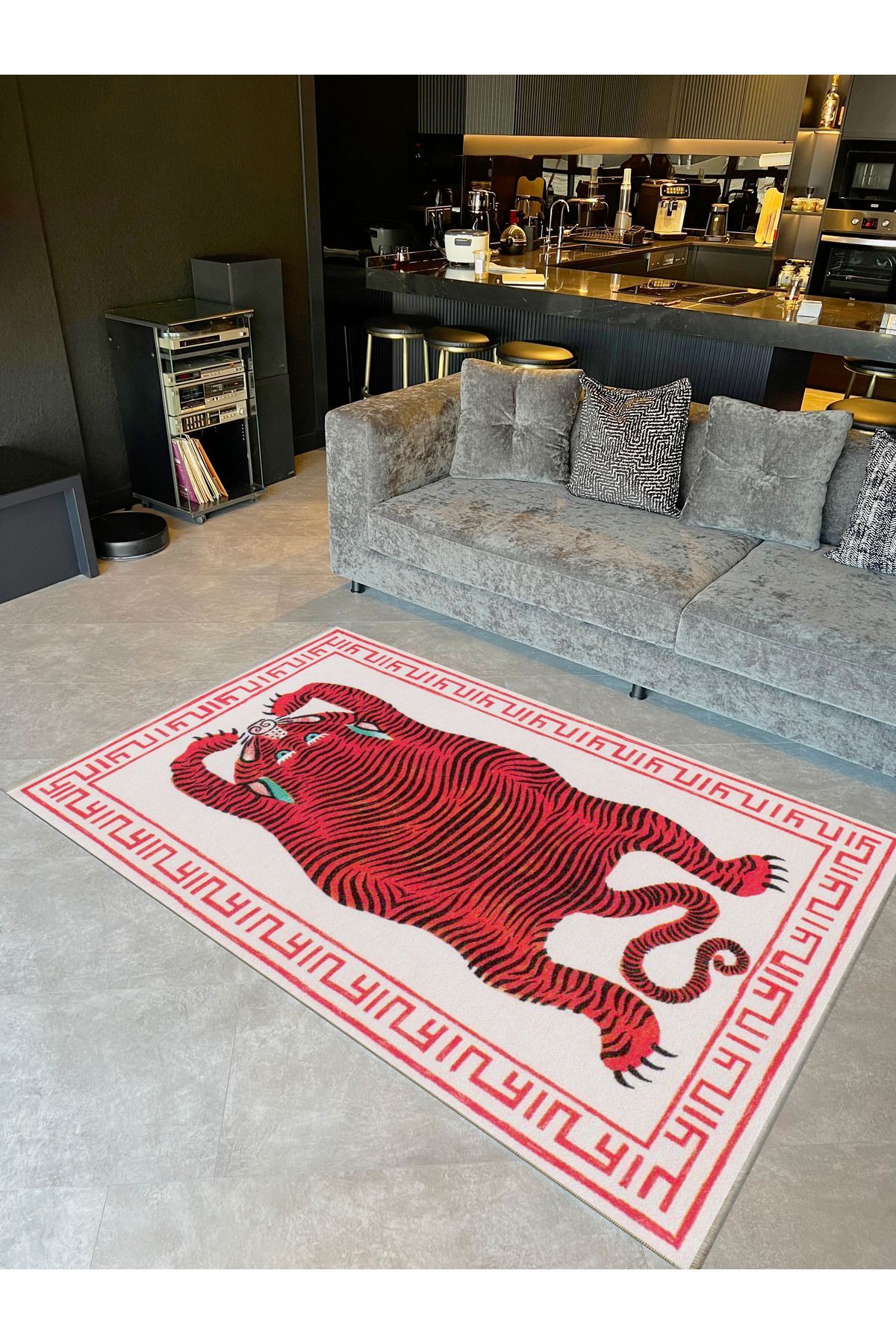 İnci Koleksiyonu Kırmızı Etnik Kaplan Desenli Dokuma Taban Vintage Dekoratif Halı inci09
