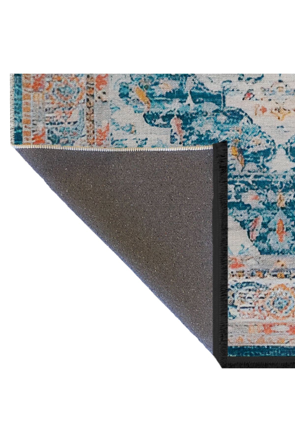 Turuncu Mavi Temalı Geleneksel Motif Etnik Desenli Vintage Dekoratif Halı 2023