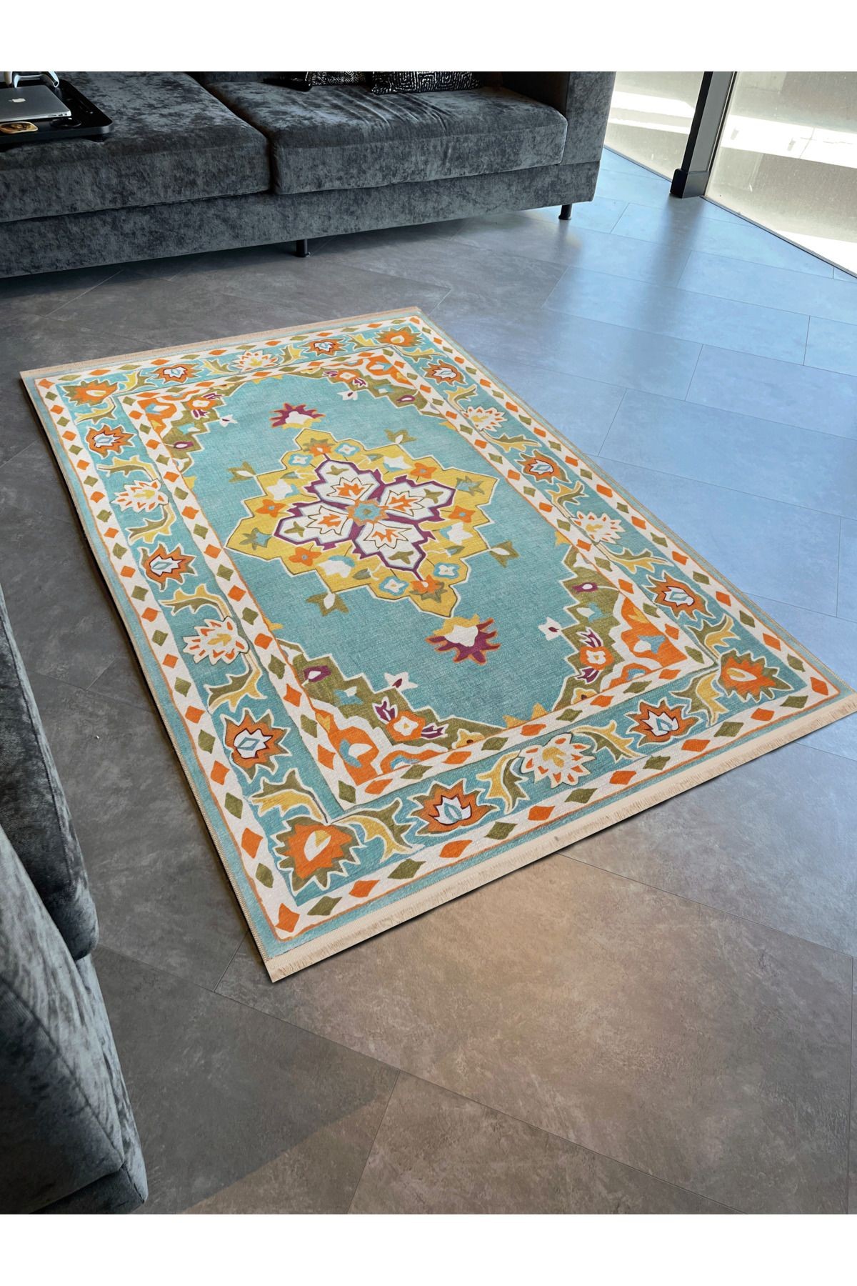 Açık Ton Çok Renkli Geleneksel Motif Çiçek Desenli Kreatif Vintage Dekoratif Halı 2424