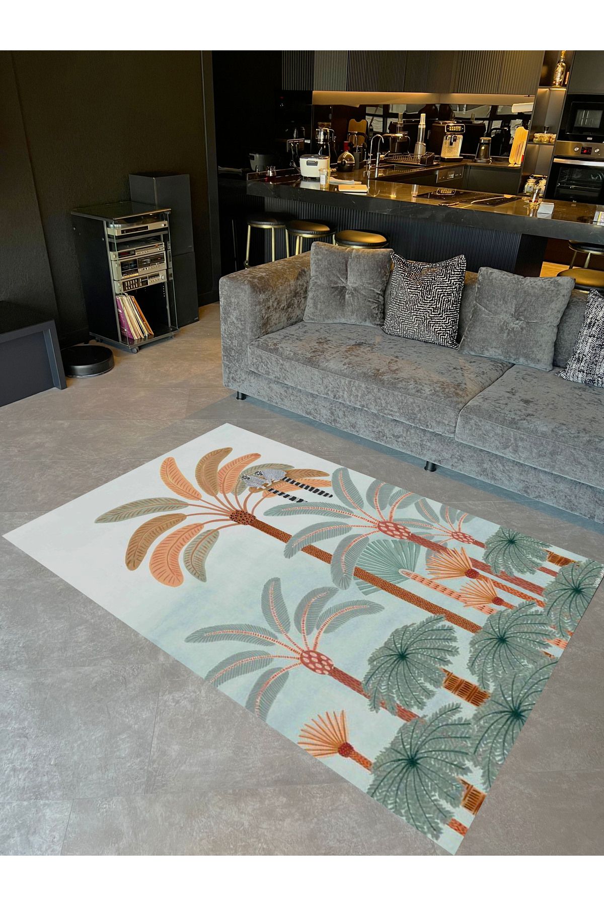 Kubilay Koleksiyonu Tropikal Palmiye Ağaç ve Maymunlar Desenli Dokuma Taban Modern Dekoratif Halı 05