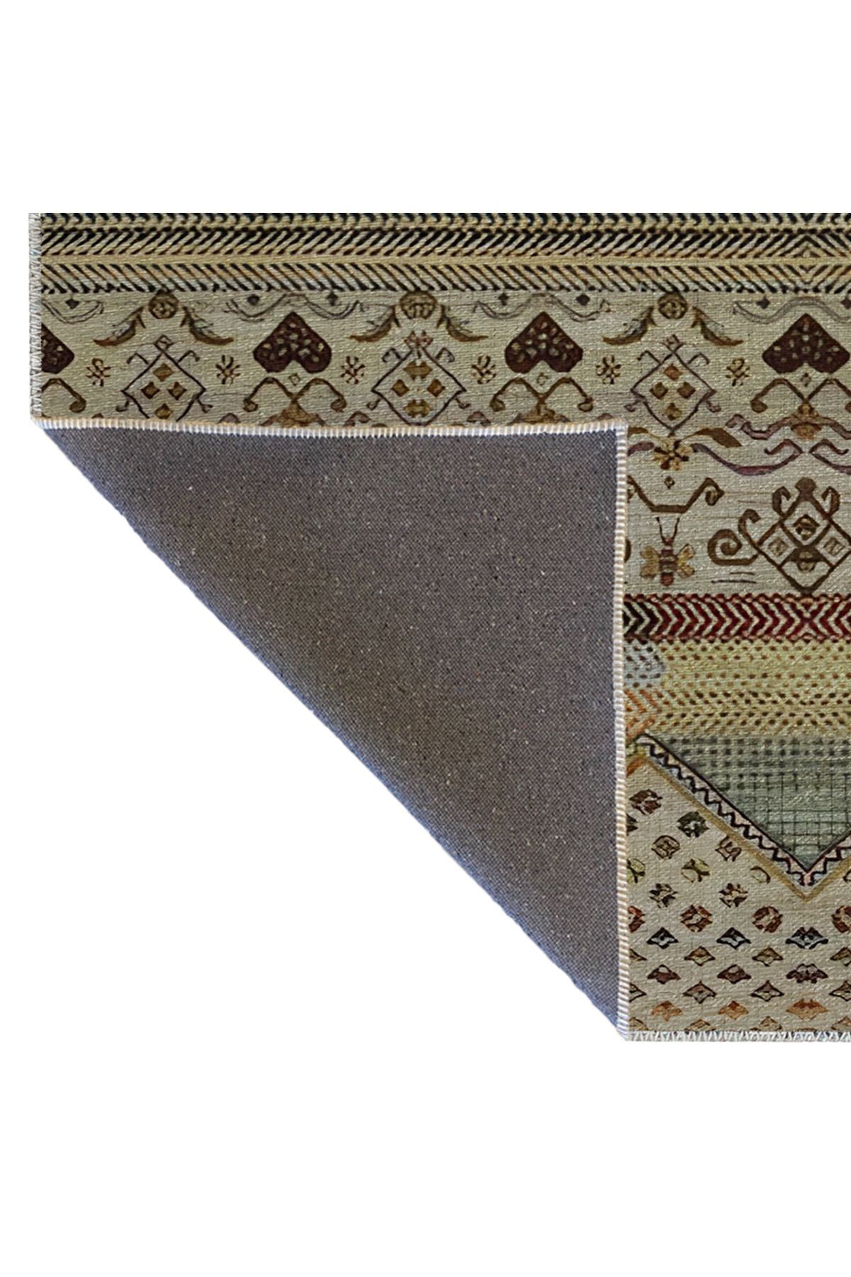 Bej Gri Temalı Şerit Bölme Karma Etnik Şekil Desenli Modern Dekoratif Halı 2322