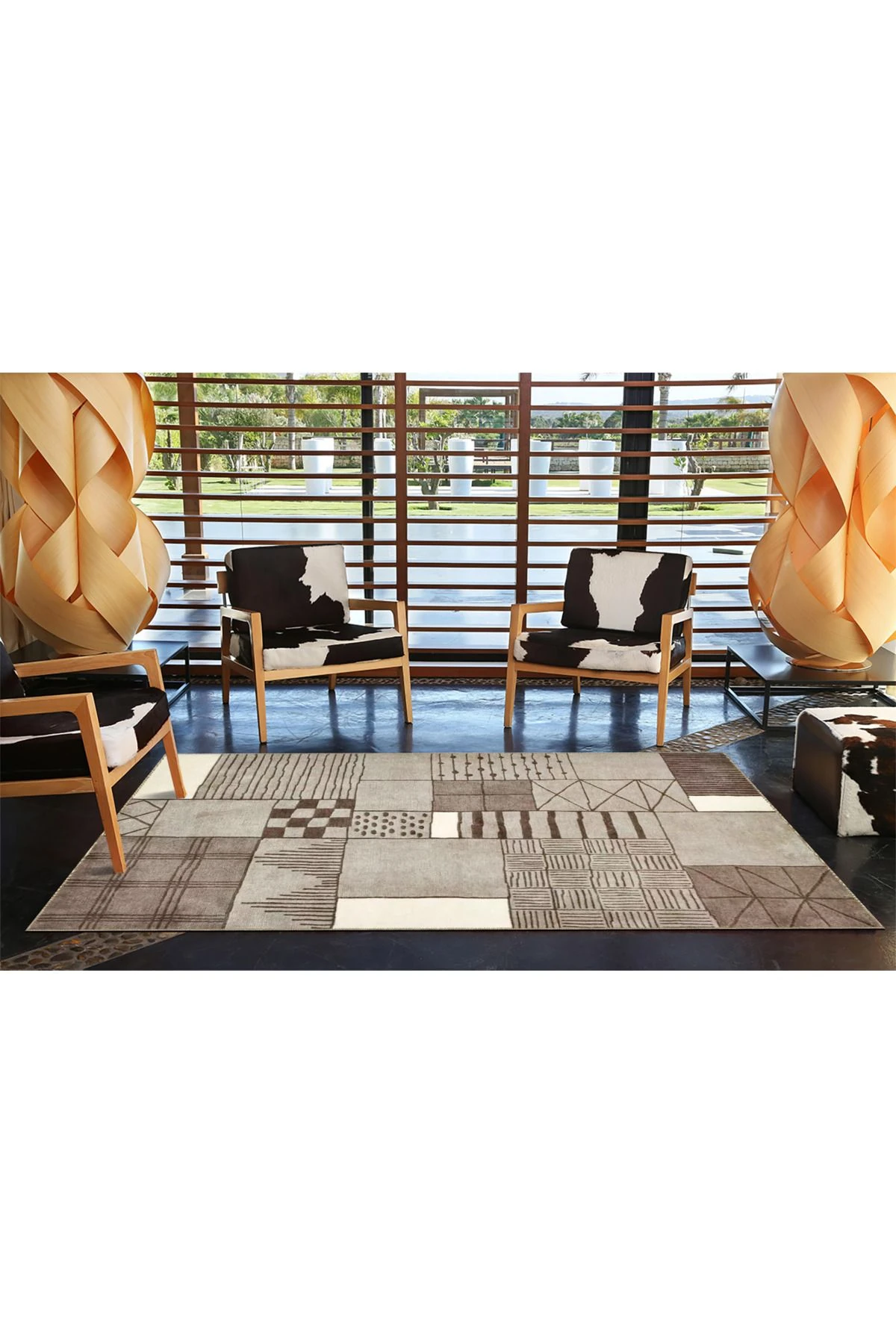 Geometrik Kahverengi Kareli Desenli Dokuma Taban Halı miravip1001