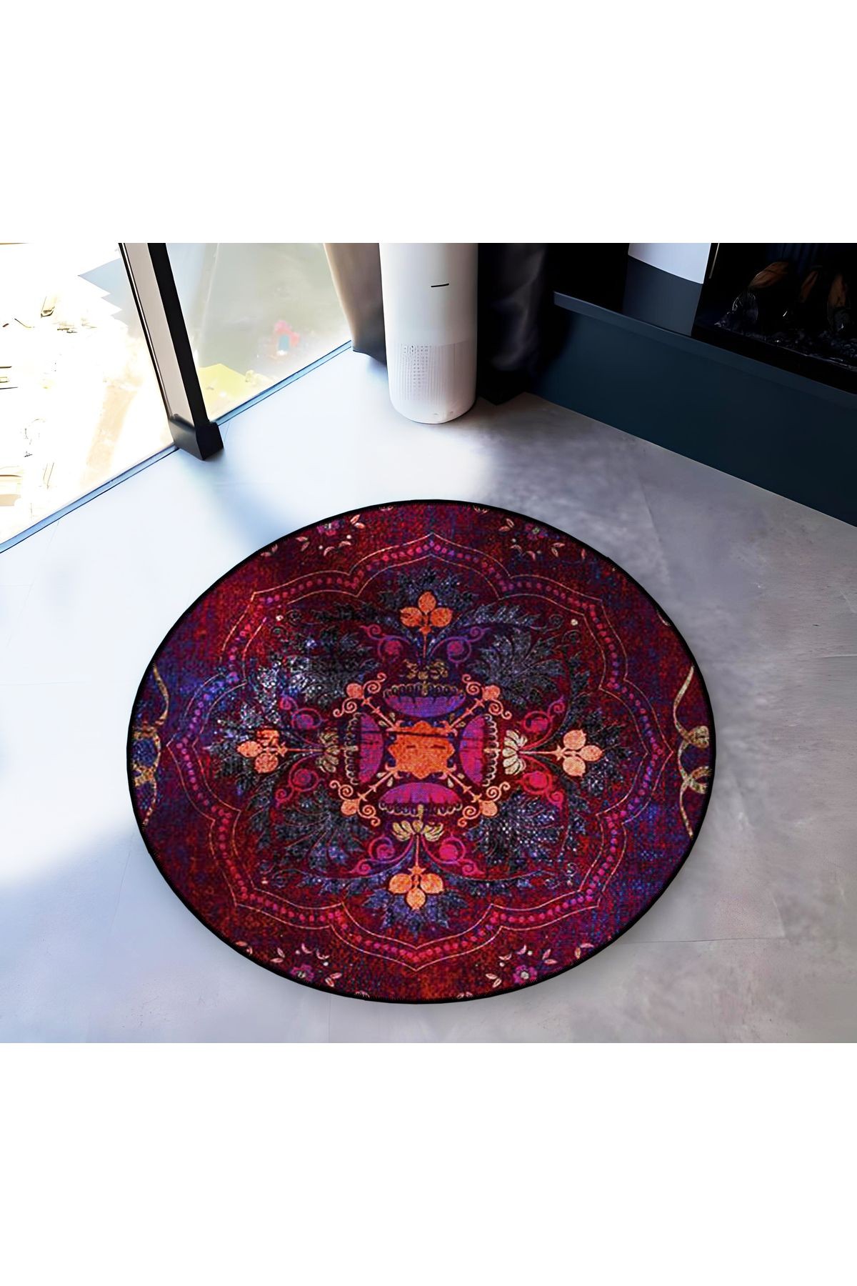 Çok Renkli Çiçek Motifli Geleneksel Desenli Yuvarlak Dokuma Taban Vintage Dekoratif Halı 6140