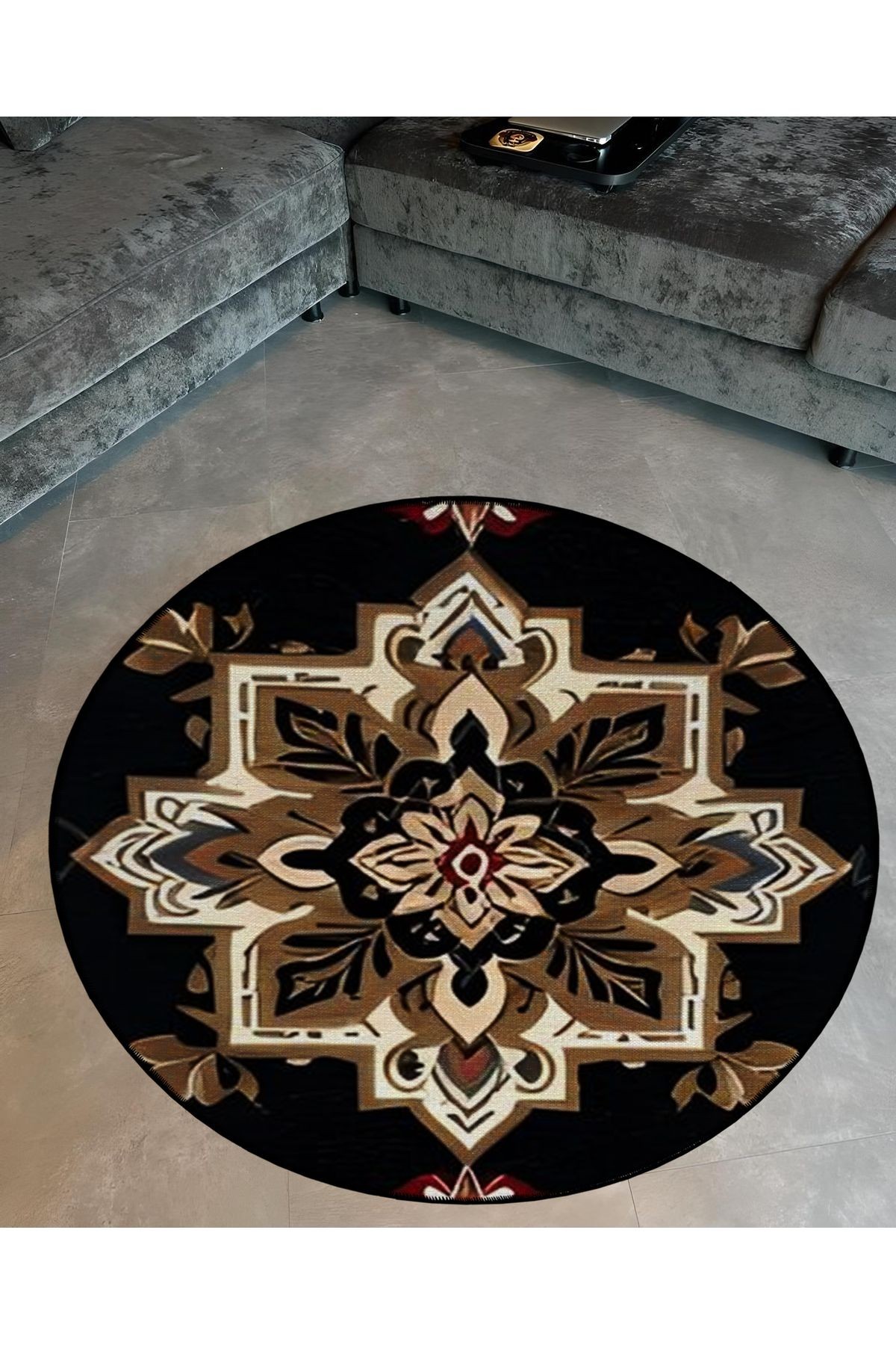 Kahverengi Temalı Çiçek Motifli Desenli Yuvarlak Dokuma Taban Vintage Dekoratif Halı 6078