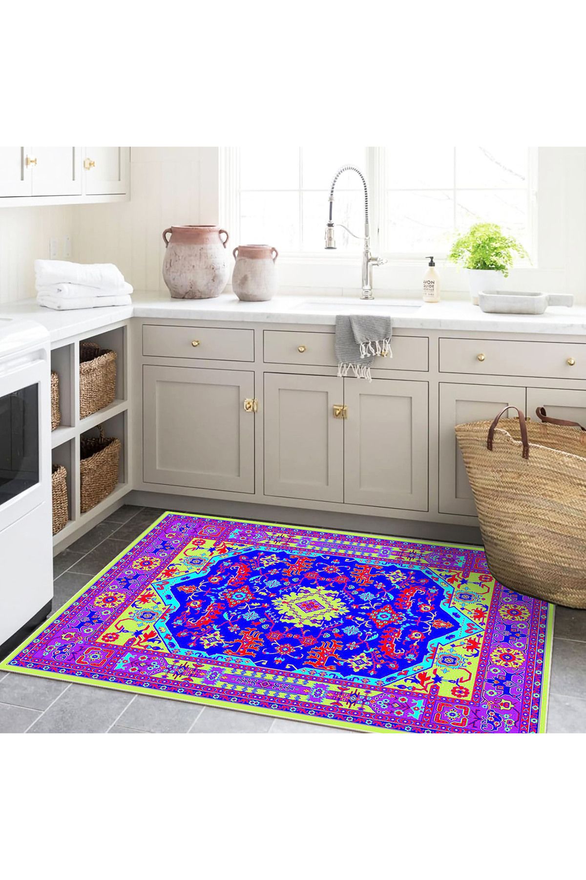 Aynur Koleksiyonu Mor Temalı Yeşil Mavi Desenli Dokuma Taban Dekoratif Halı aynur53