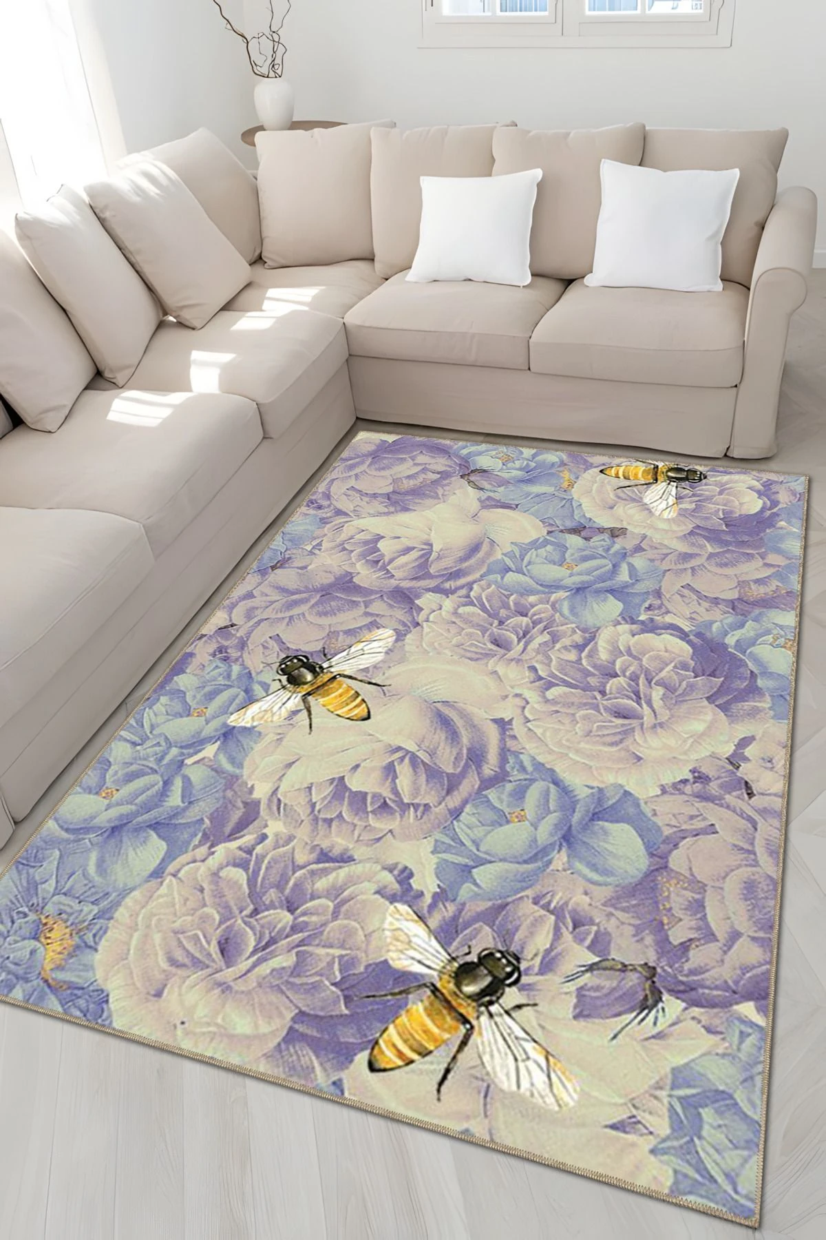 Mor ve Mavi Tonlar Floral Temalı Arı ve Çiçek Desenli Modern Dekoratif Halı 4938