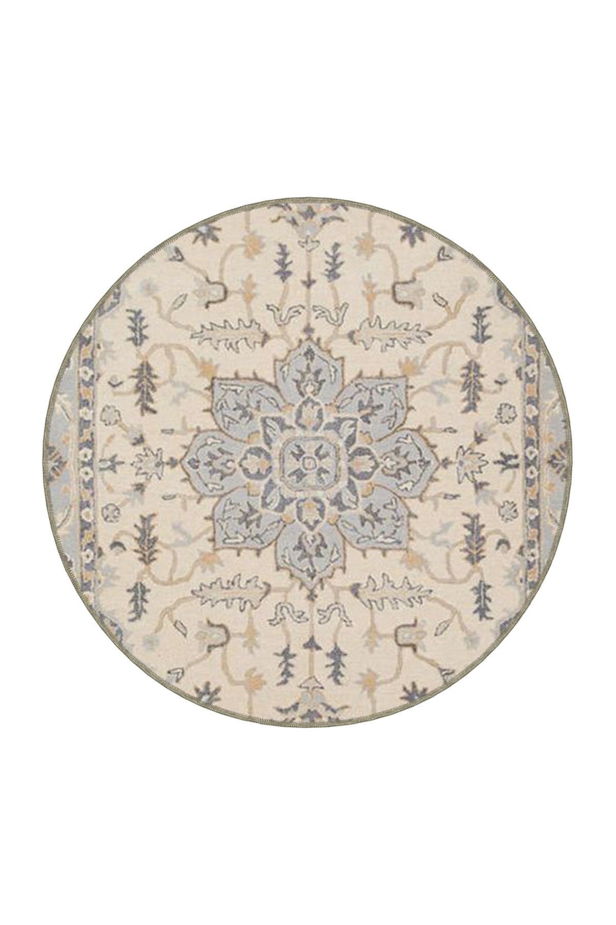 Bej Temalı Geleneksel Motif Çiçek Desenli Saçaklı Vintage Dekoratif Halı 4534