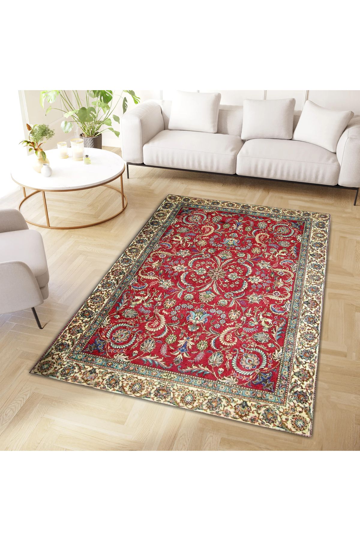 Mete Koleksiyonu Kırmızı Tema Floral ve Geleneksel Desenli Vintage Dekoratif Halı 02