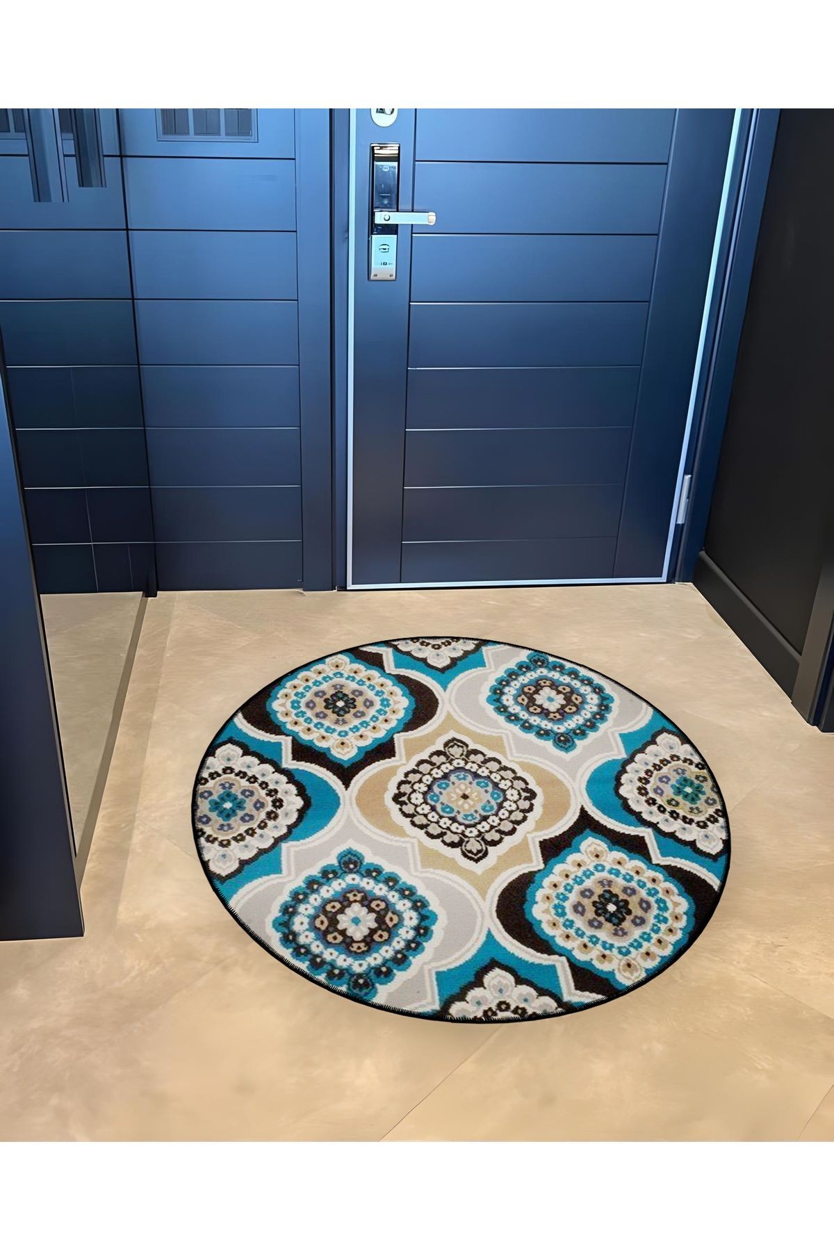 Mira Yuvarlak Bej Mavi Etnik Detaylı Dokuma Taban Modern Dekoratif Halı 5608