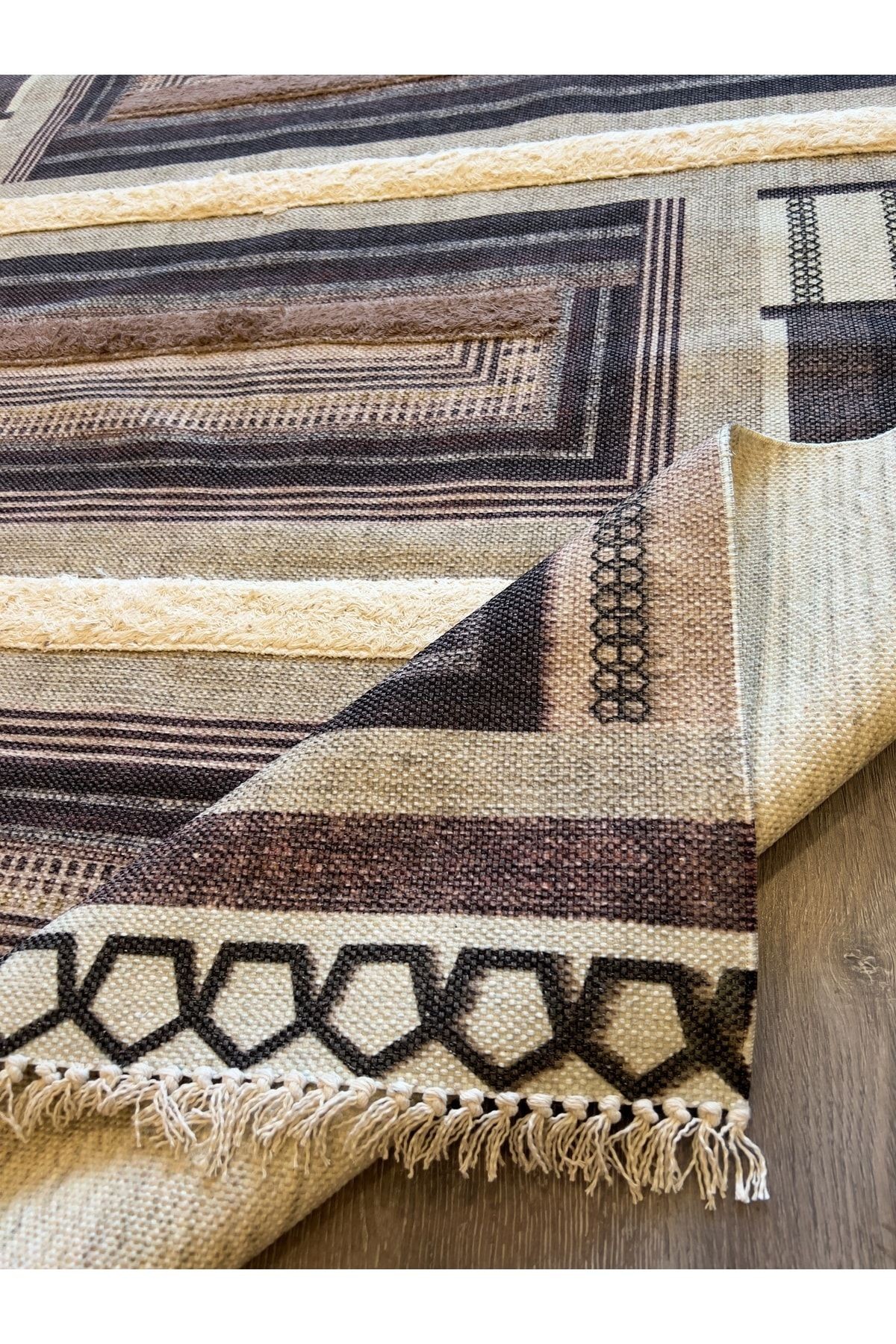 Rustik 4045 Acı Kahve Siyah Gri Saçaklı Desenli Kilim