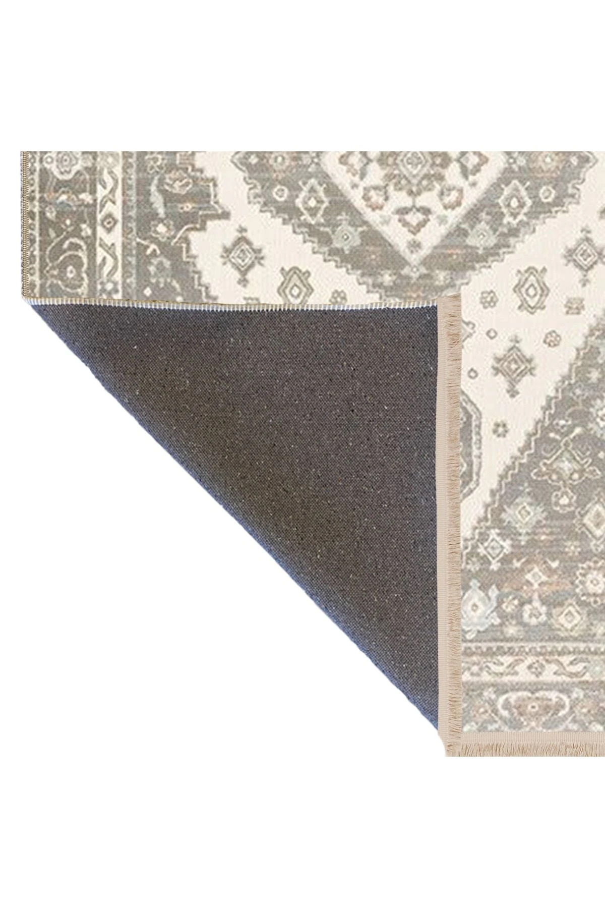 Gri Bej Temalı Geleneksel Motif Desenli Saçaklı Vintage Dekoratif Halı 4596