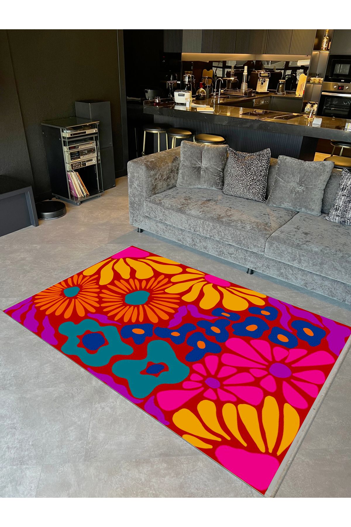 Yılmaz Koleksiyonu Çok Renkli Tema Karma Çiçek Figürleri Desenli Modern Dekoratif Halı 22