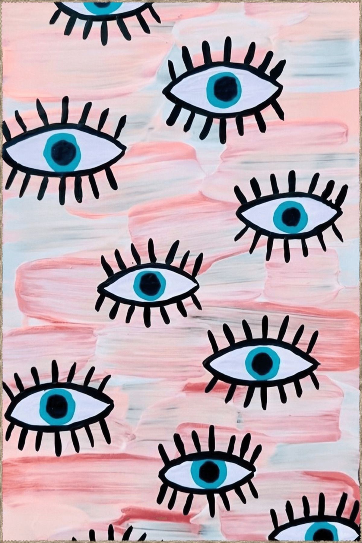 Pudra Pembe Temalı Karma Göz Figürü Desenli Modern Dekoratif Halı 4978