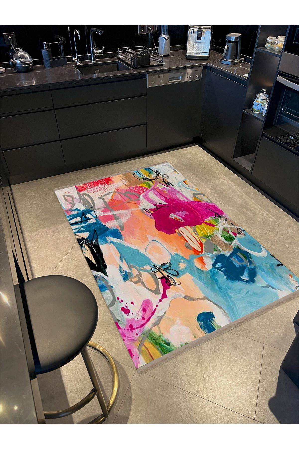 Özge Koleksiyonu Yağlı Boya Görünümlü Çok Renkli Soyut Desenli Dokuma Taban Dekoratif Halı özge22