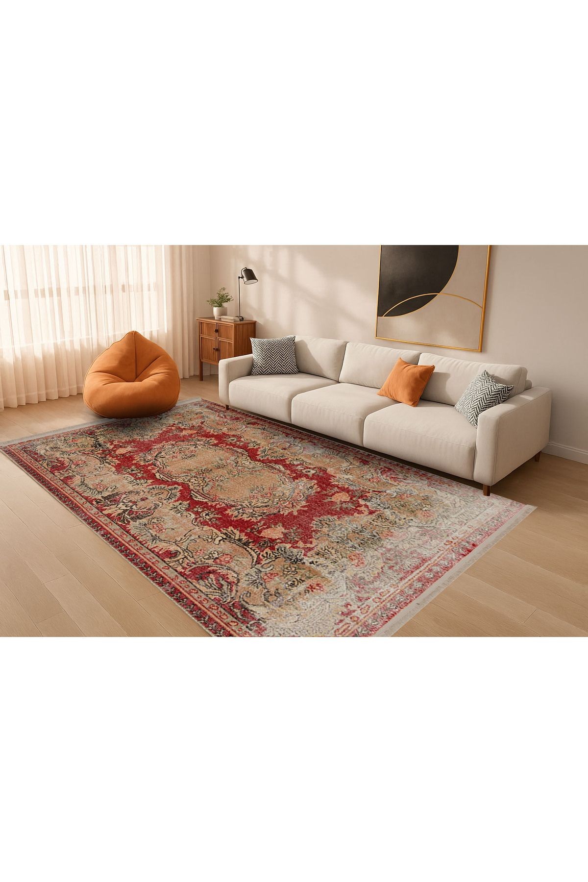 Memlük Koleksiyonu Kırmızı Bej Tema Etnik Motif Vintage Desenli Dokuma Taban Dekoratif Halı memlük15