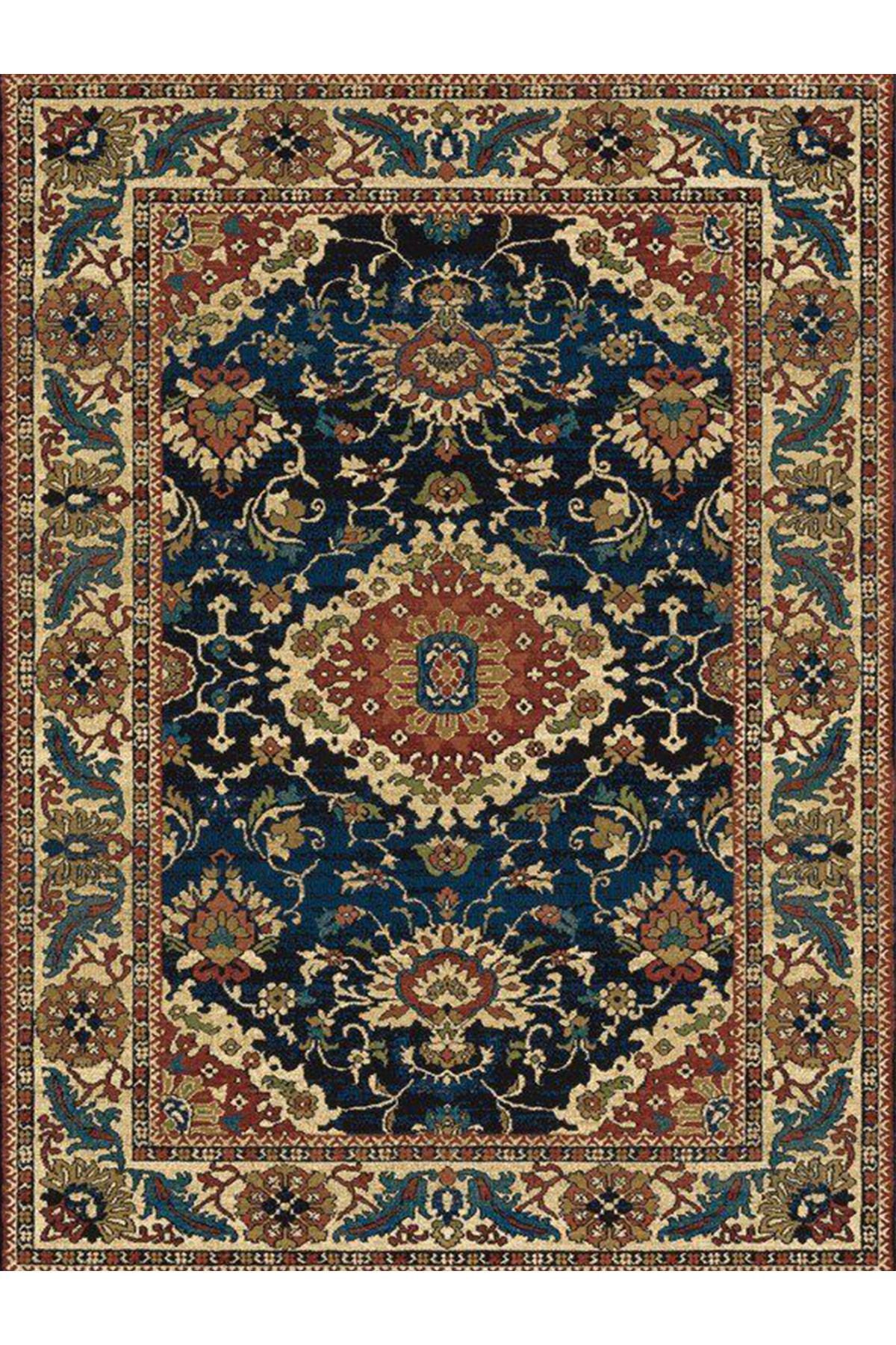 İnci Koleksiyonu Lacivert Tema Geleneksel Motif Desenli Dokuma Taban Vintage Dekoratif Halı inci26