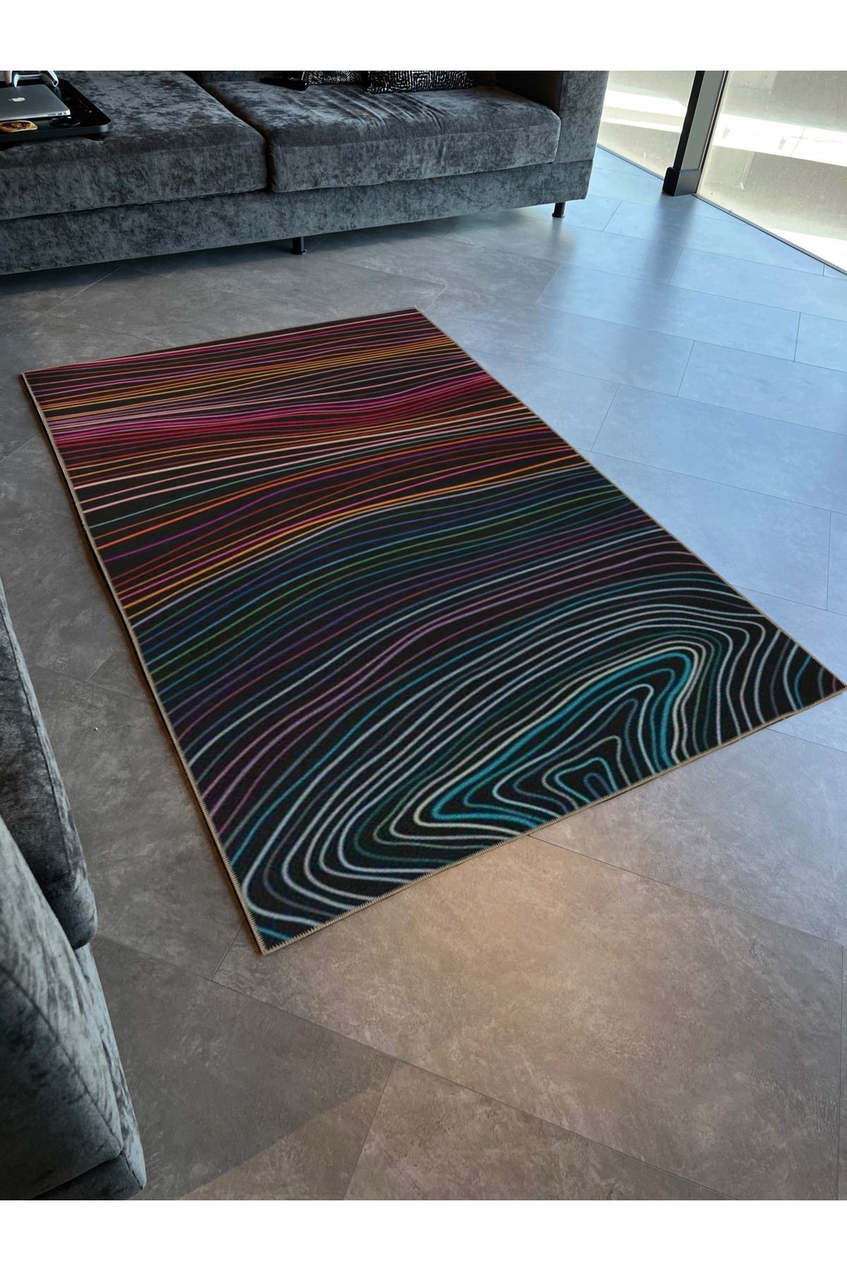 Koyu Ton Çok Renkli Soyut Dalgalı Spiral Desenli Kreatif Modern Dekoratif Halı 2348