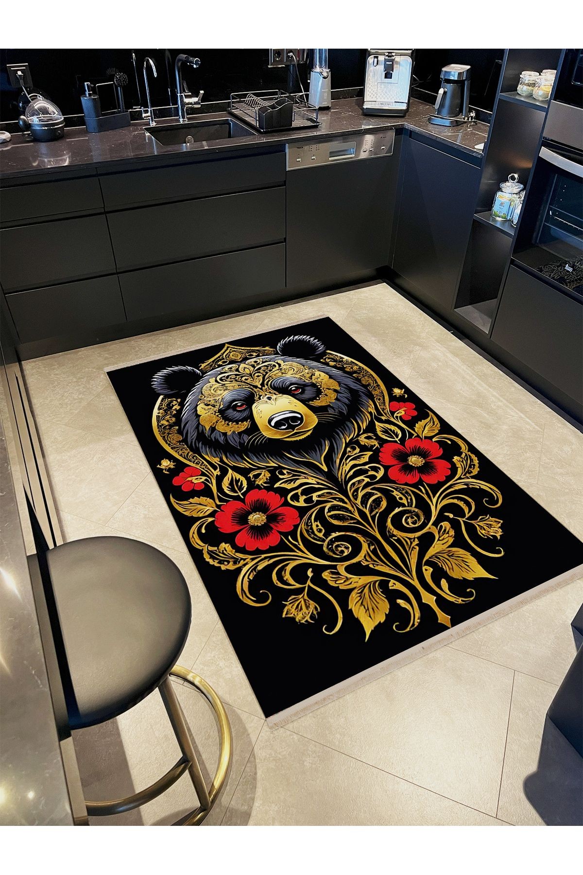 Yılmaz Koleksiyonu Siyah Sarı Ayı Desenli Kırmızı Gül Detaylı Dokuma Taban Modern Dekoratif Halı 38