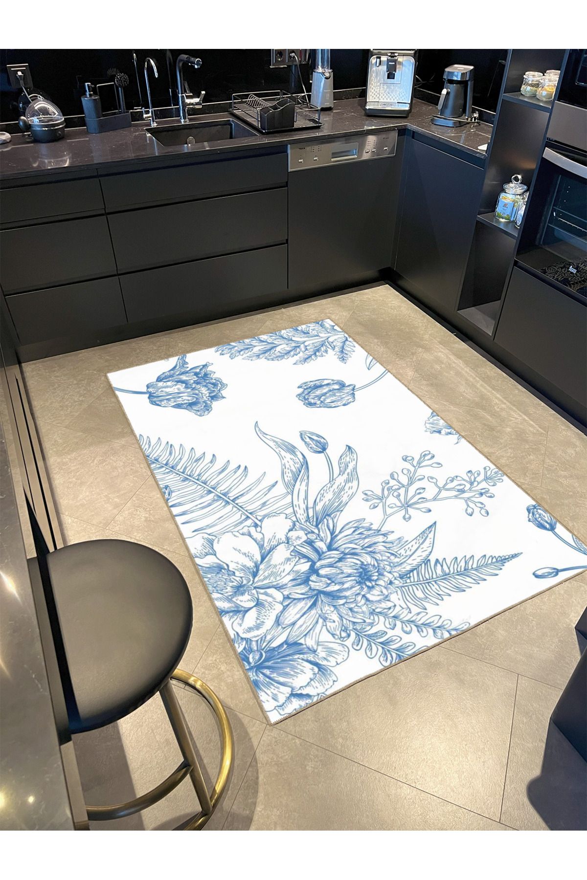 Beyaz Temalı Mavi Çiçekli Çizgili Desenli Dokuma Taban Halı ve Yıkanabilir Halı miravip9922