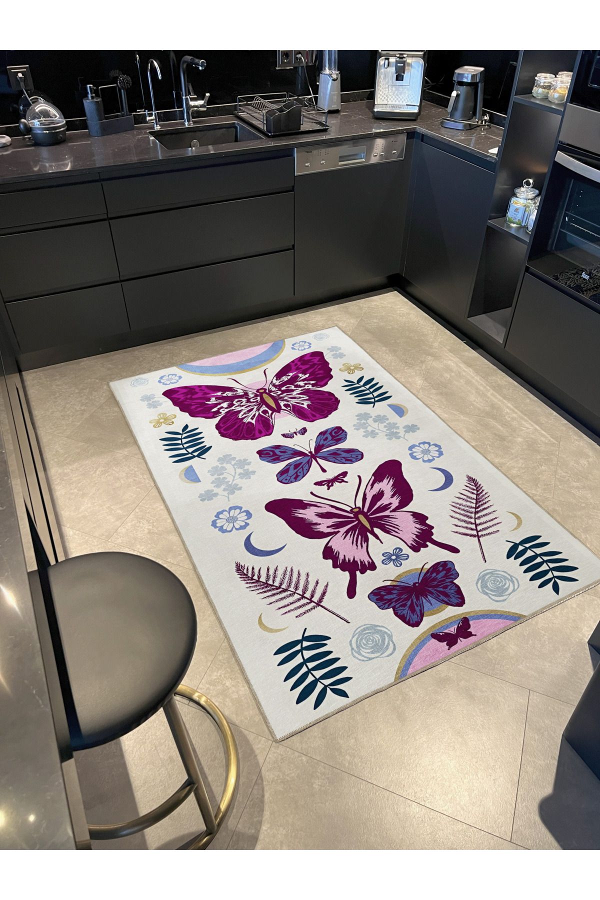 Mor Bej Temalı Kelebek ve Çiçek Desenli Kreatif Modern Dekoratif Halı 2283