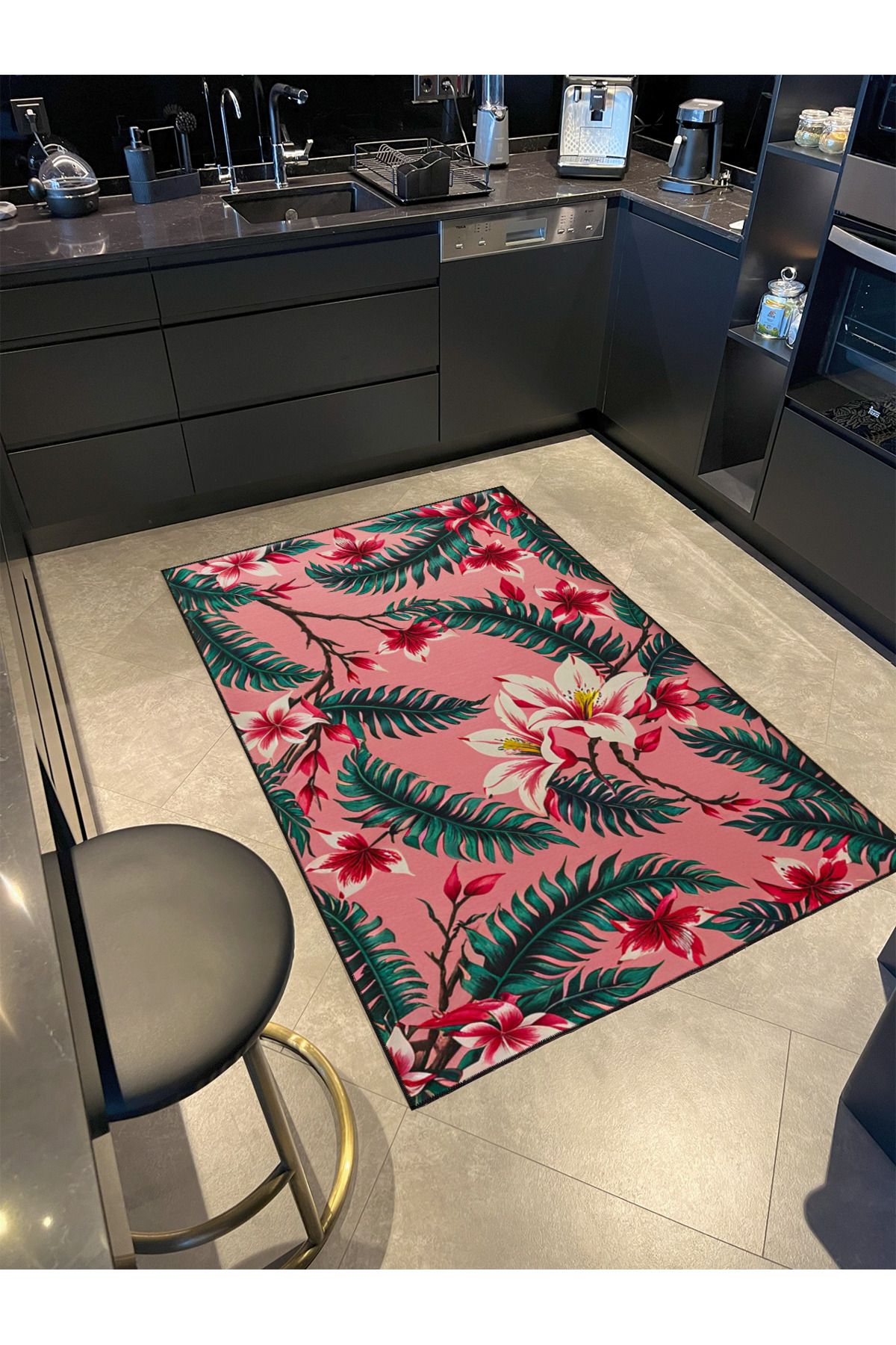 Paris Koleksiyonu Pembe Yeşil Tema Çiçek ve Yaprak Desenli Modern Dekoratif Halı 48